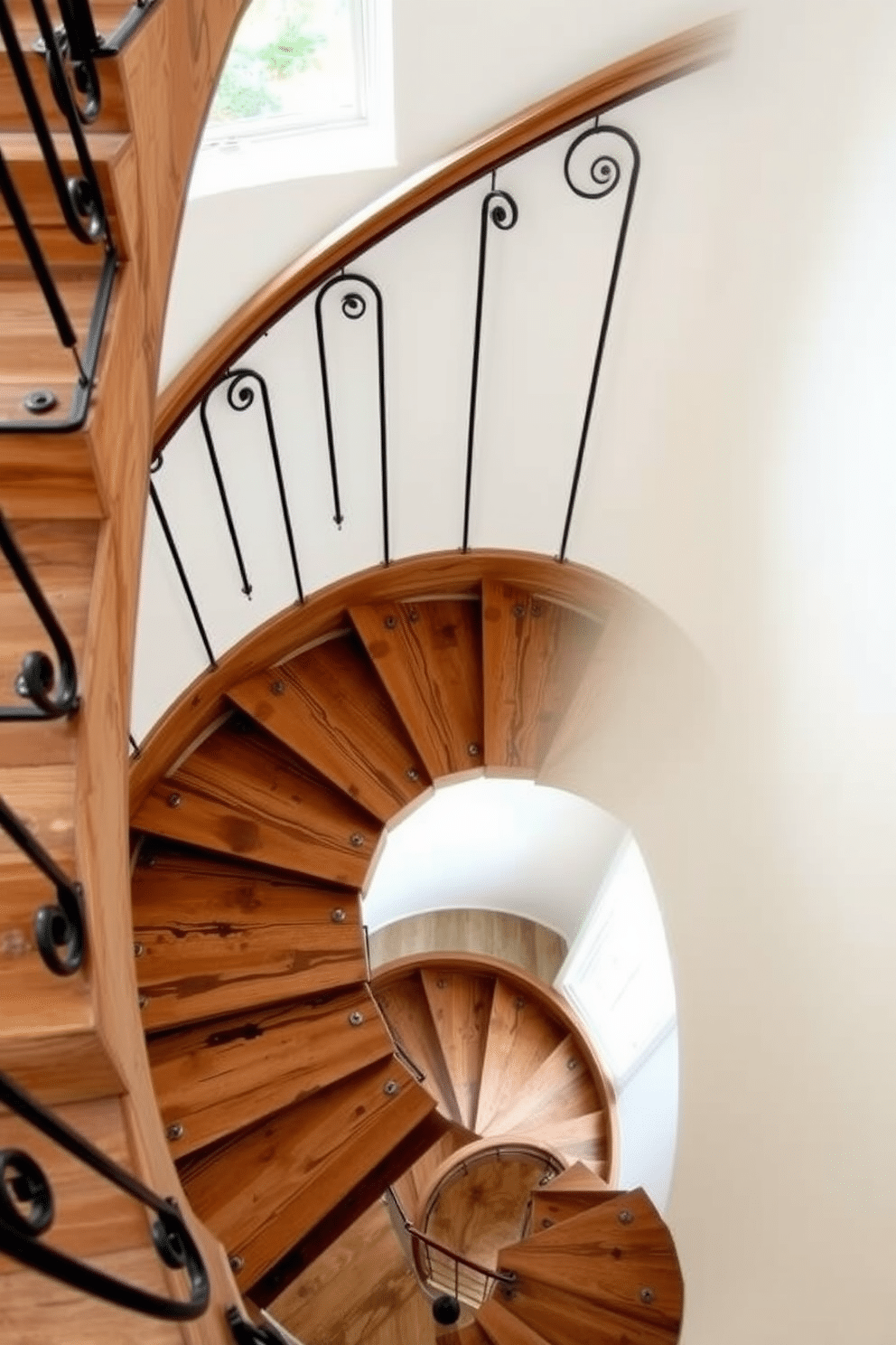 A charming farmhouse-style spiral staircase crafted from distressed wood winds gracefully upwards. The steps feature a rustic finish, complemented by wrought iron railings that add a touch of elegance to the cozy ambiance.