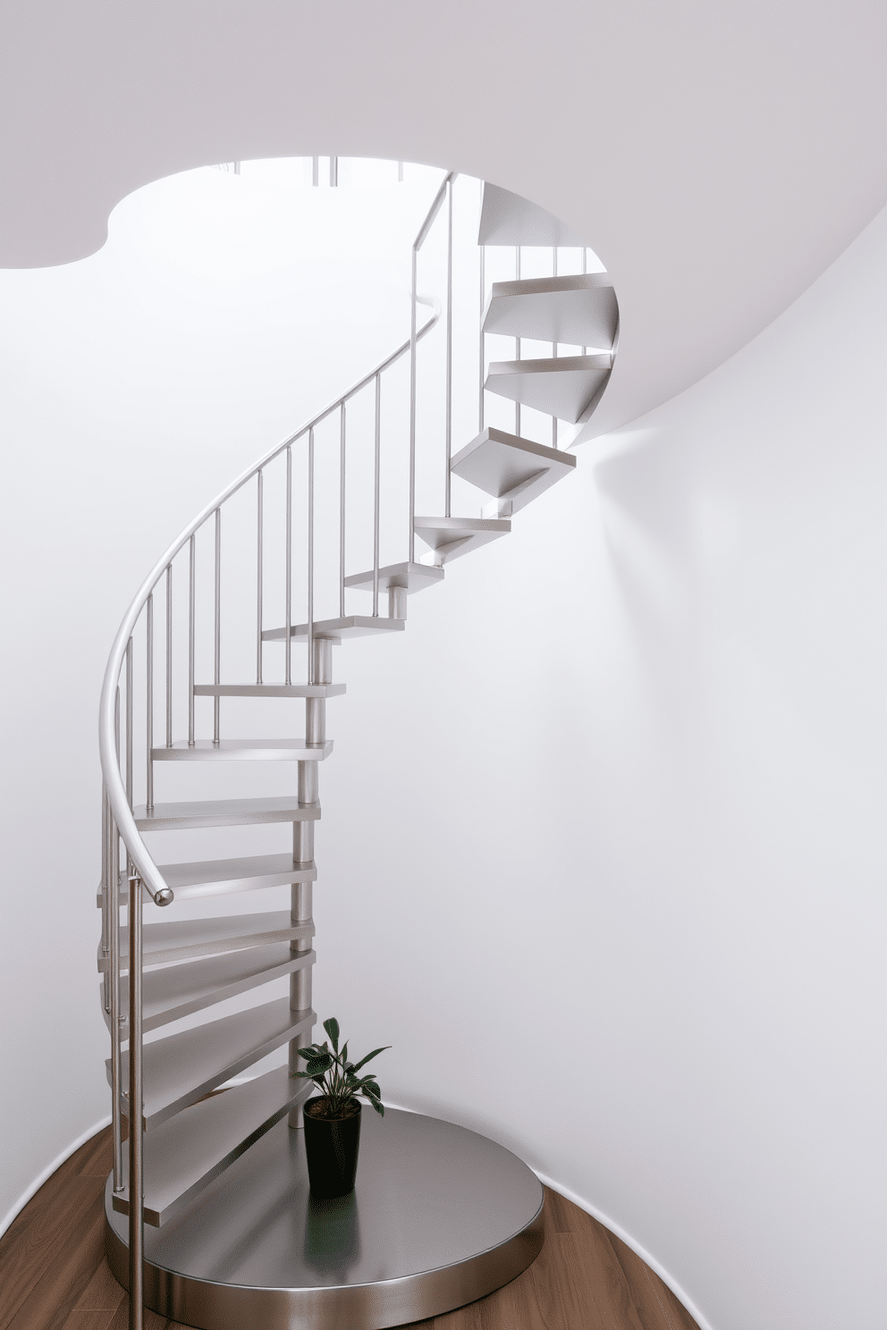 A sleek stainless steel spiral staircase elegantly winds upward, designed to maximize space in a compact area. The polished metal finish reflects light, creating a modern and airy feel, while the minimalist handrail complements the overall aesthetic. At the base, the staircase features a stylish landing with a small potted plant, adding a touch of greenery to the contemporary design. The surrounding walls are painted in a soft white, enhancing the staircase's striking visual appeal.