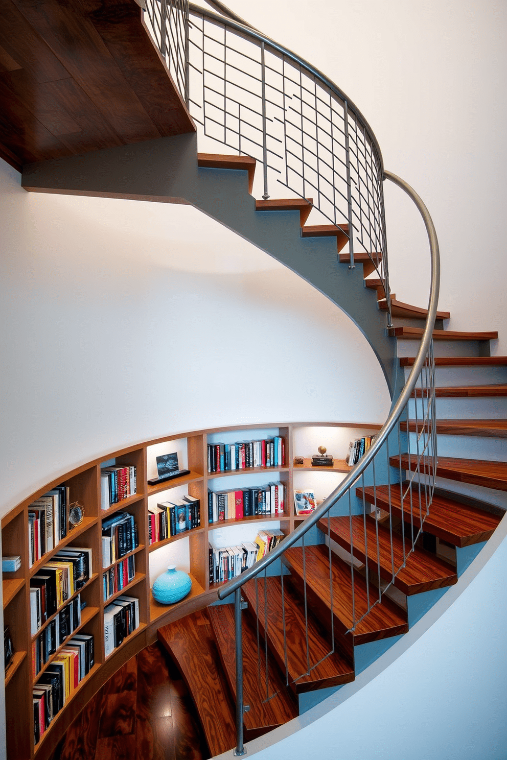 A stunning spiral staircase gracefully ascends, featuring a sleek metal railing that complements the modern aesthetic. Beneath the staircase, custom-built bookshelves showcase an array of colorful books and decorative items, creating a cozy reading nook. The staircase is crafted from rich hardwood, with each step elegantly curving upwards. Soft lighting illuminates the bookshelves, highlighting the textures of the books and the warmth of the wood.