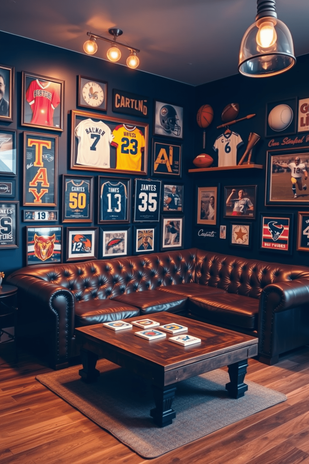 A vintage sports memorabilia display wall showcases an array of framed jerseys, autographed photographs, and vintage equipment, creating a nostalgic atmosphere. The wall is painted in a deep navy blue, enhancing the vibrant colors of the memorabilia and providing a striking backdrop. In the center of the room, a comfortable leather sectional sofa invites relaxation, while a rustic wooden coffee table holds coasters featuring iconic sports logos. Warm lighting from industrial-style fixtures casts a cozy glow, perfect for enjoying game nights with friends.