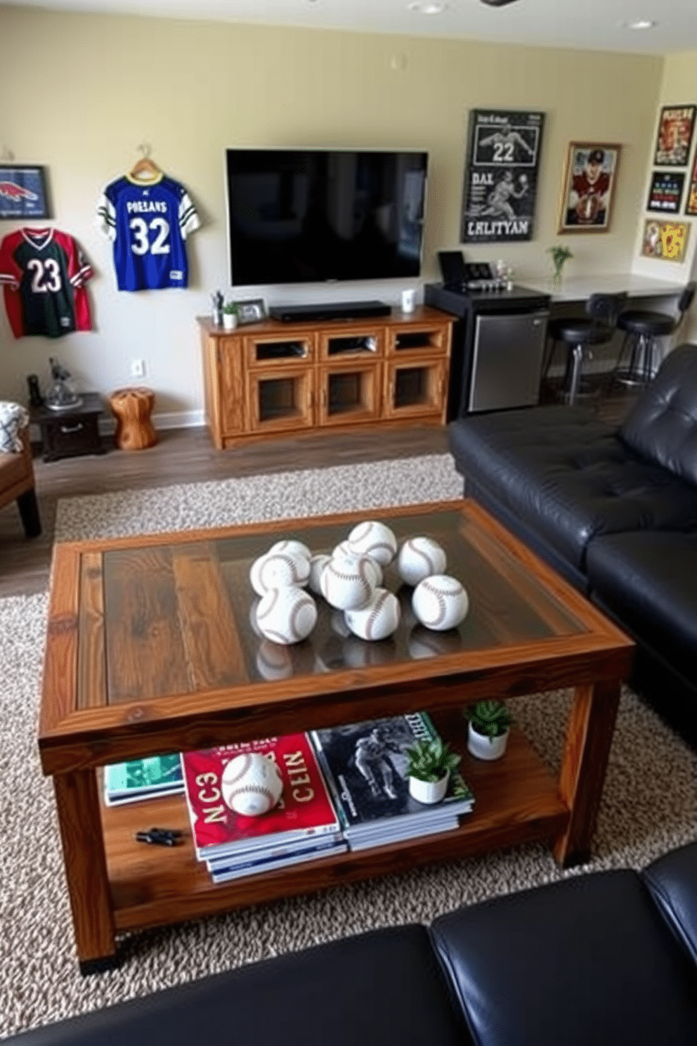 A sports-themed coffee table design featuring a reclaimed wood tabletop adorned with team memorabilia and a glass top that showcases a collection of signed baseballs. Underneath, a rustic shelf holds sports magazines and a few small potted plants for a touch of greenery. An inviting sports man cave design with a large sectional sofa in dark leather, positioned in front of a wall-mounted flat-screen TV. The room is accented with framed jerseys, vintage sports posters, and a custom-built bar area complete with high stools and a mini fridge for game day refreshments.