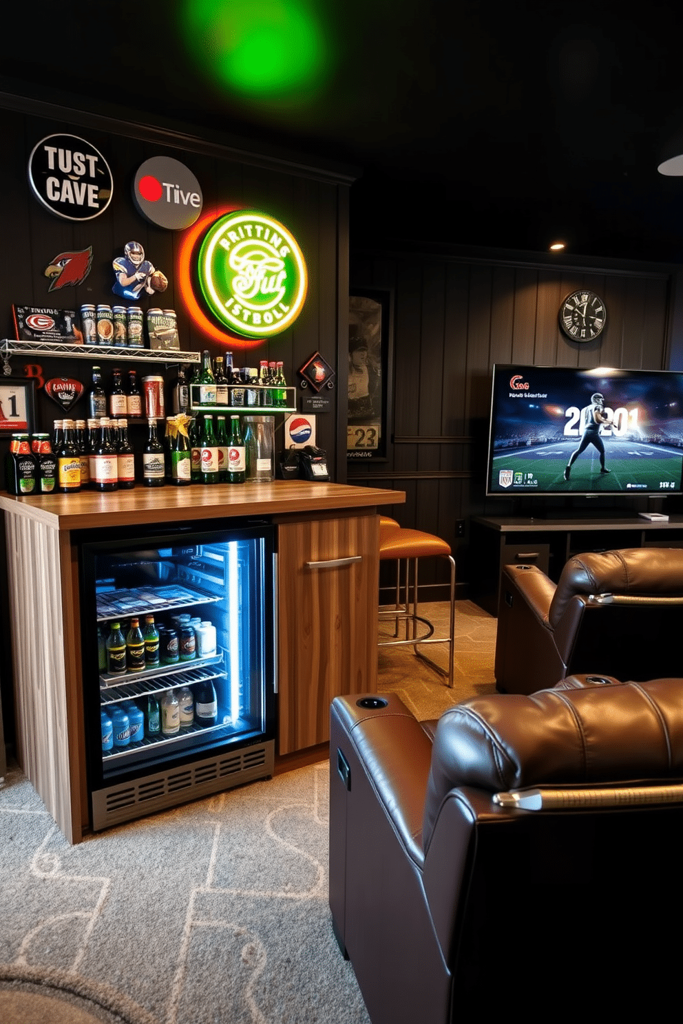 A stylish mini fridge is seamlessly integrated into a sleek wooden bar area, stocked with an assortment of craft beers and refreshing sodas. The bar top is adorned with sports memorabilia, and a vibrant neon sign adds a lively touch to the atmosphere. The man cave features a cozy seating arrangement with plush leather recliners facing a large flat-screen TV, perfect for game day gatherings. Dark wood paneling and ambient lighting create a warm, inviting space that reflects a passion for sports and relaxation.