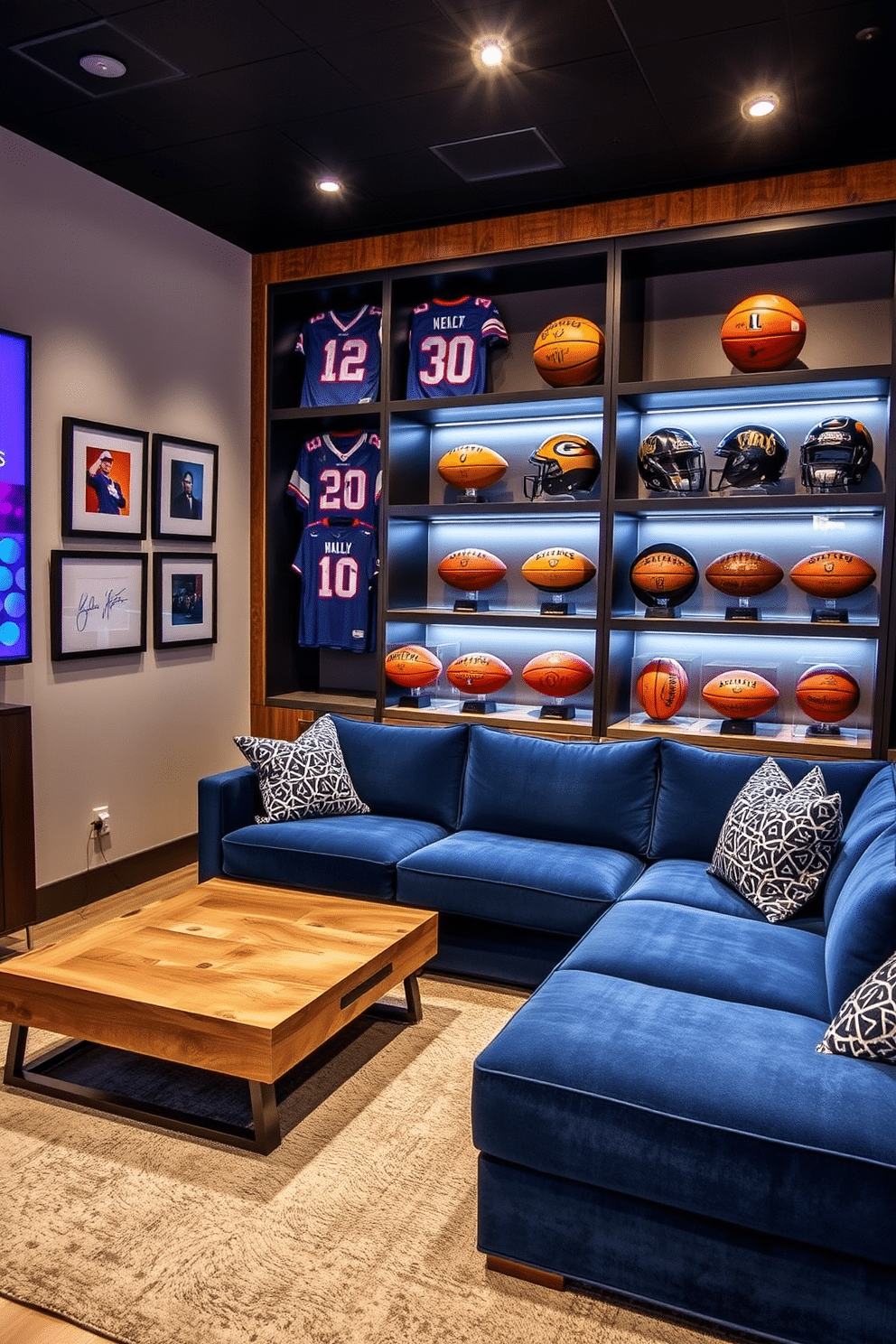 A modern sports man cave featuring a sleek display of autographed sports equipment. The walls are adorned with framed jerseys and memorabilia, while a custom-built shelving unit showcases signed footballs and basketballs. The seating area includes a plush sectional sofa in deep blue, complemented by a stylish coffee table made from reclaimed wood. Ambient lighting highlights the collection, creating a vibrant atmosphere perfect for game days.