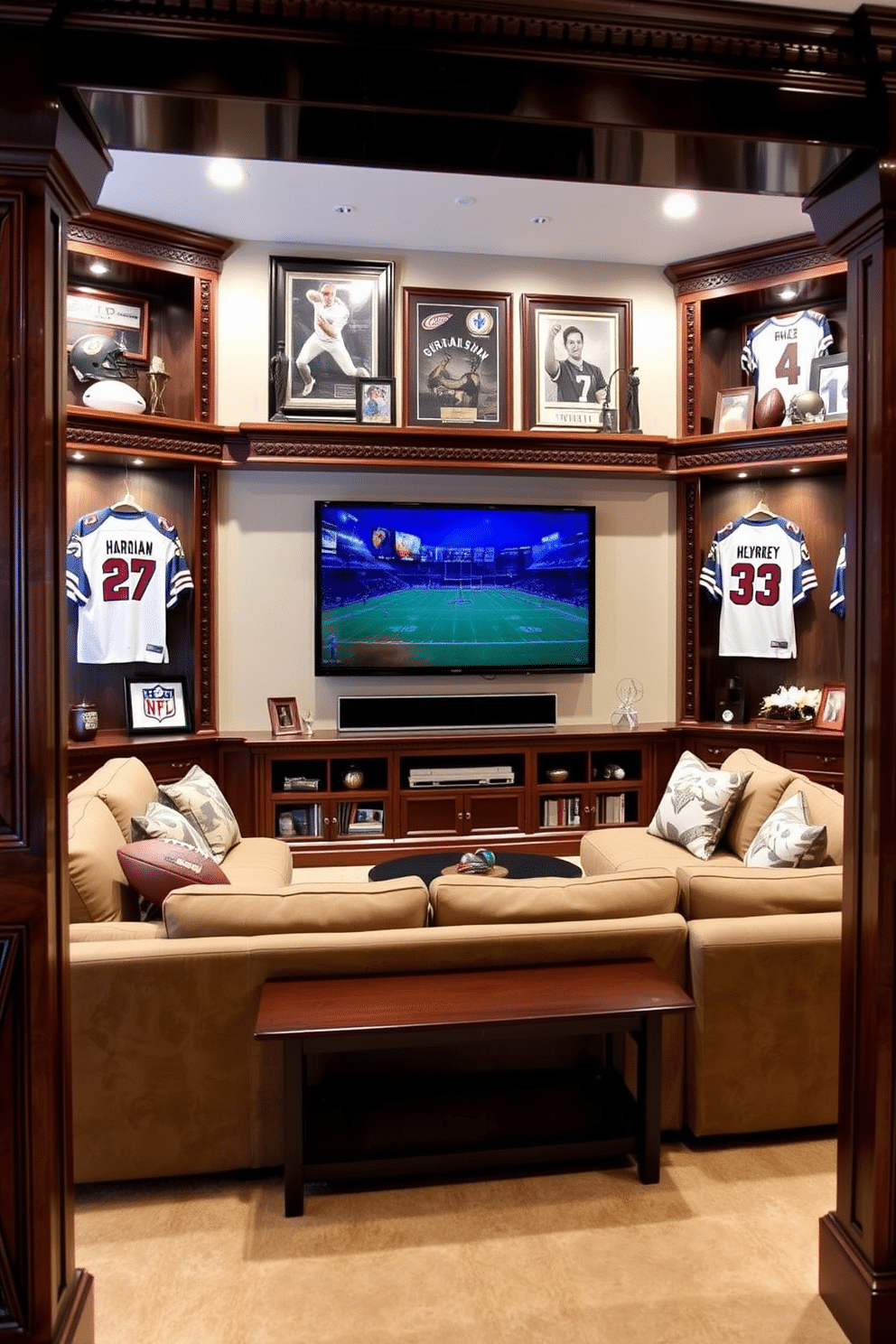 Custom shelving for collectibles display. The shelves are crafted from rich walnut wood, featuring intricate carvings and a glossy finish that highlights the beauty of the collectibles. Sports Man Cave Design Ideas. The space is designed with a large sectional sofa facing a wall-mounted flat-screen TV, adorned with team memorabilia and framed jerseys, creating an inviting atmosphere for game days.