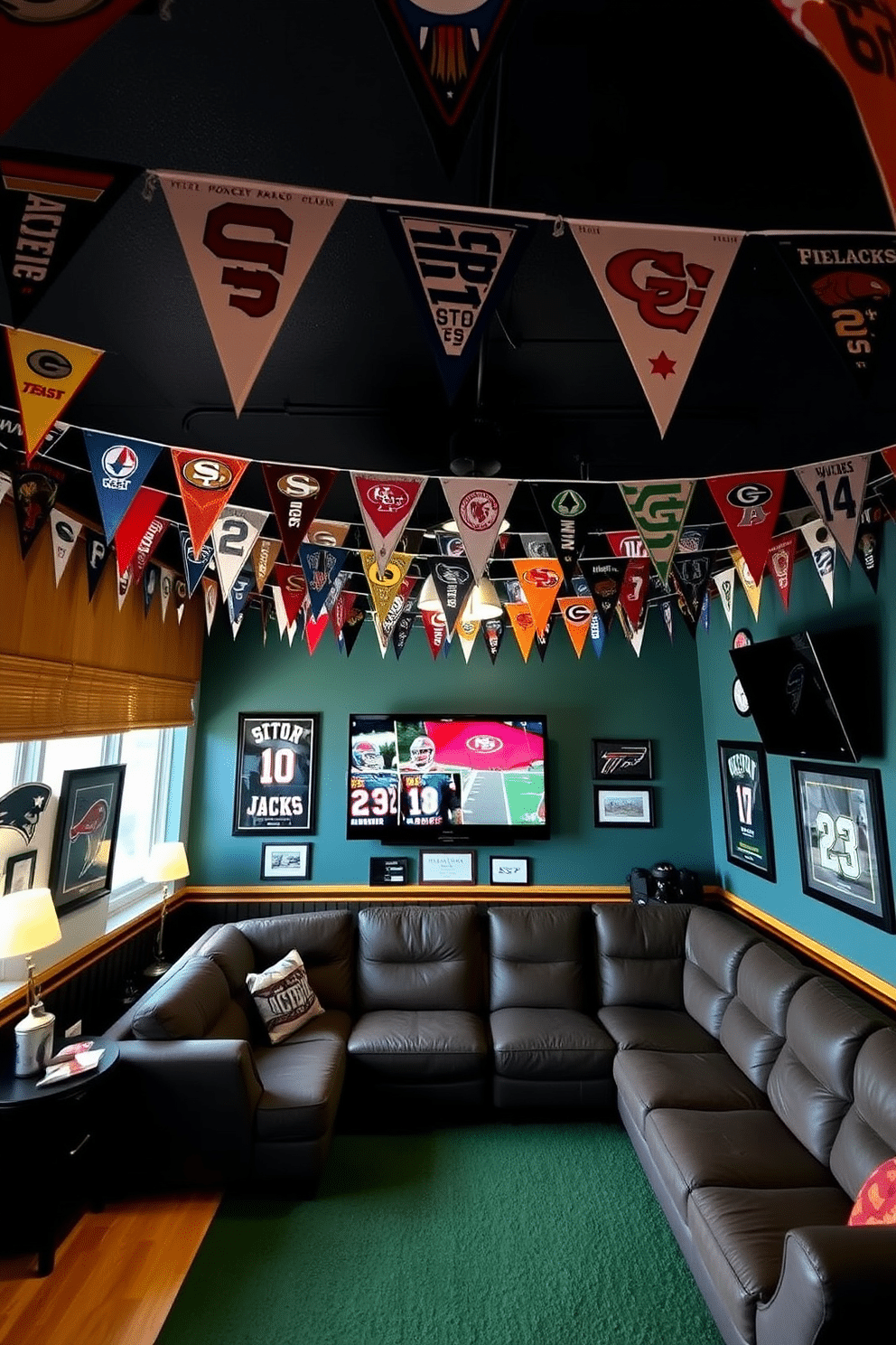 A vibrant sports man cave featuring team pennants hanging from the ceiling, creating an energetic atmosphere. The walls are painted in the team's colors, adorned with framed jerseys and memorabilia, while a large sectional sofa invites comfort for game day gatherings.