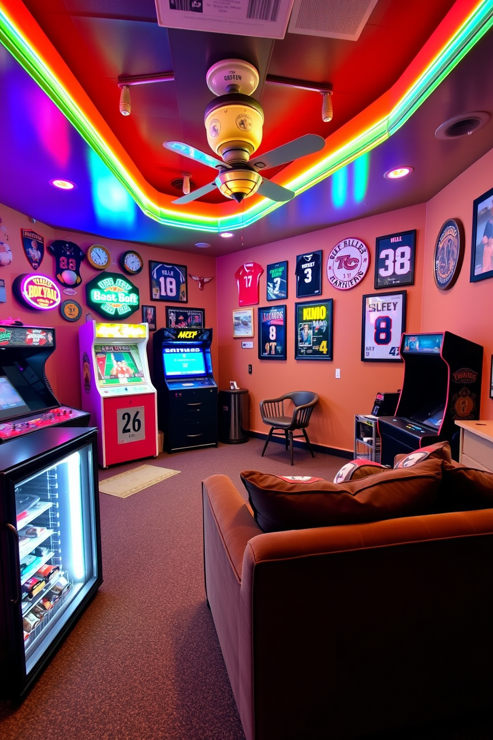 A vibrant sports man cave featuring retro arcade games. The room is adorned with vintage arcade cabinets, neon lights, and comfortable seating, creating a lively atmosphere for entertainment. The walls are decorated with sports memorabilia and framed jerseys. A plush sectional sofa faces a large flat-screen TV, perfect for watching games, while a mini fridge stocked with snacks and drinks adds convenience.