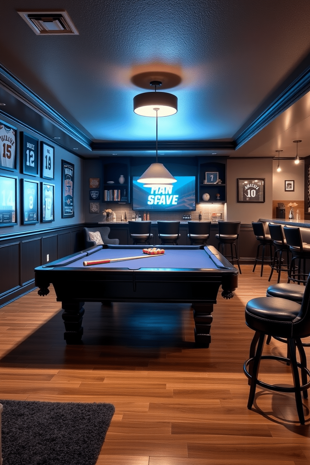 A stylish man cave featuring a classic pool table as the centerpiece, surrounded by themed accessories that reflect a passion for sports. The walls are adorned with framed jerseys and memorabilia, while a sleek bar area complements the setting with high-top stools and ambient lighting.