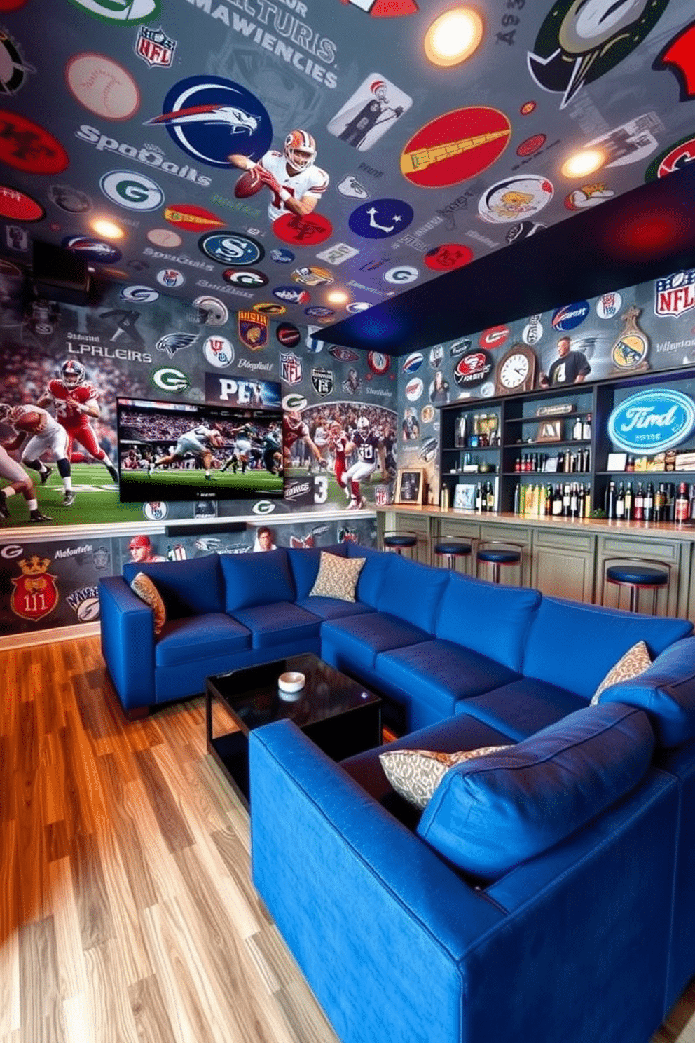 A vibrant sports-themed man cave featuring wallpaper adorned with iconic sports logos and action shots of athletes in motion. The room includes a large sectional sofa in a deep blue fabric, positioned around a sleek coffee table, with a mounted flat-screen TV showcasing the latest games. In one corner, a custom-built bar area boasts high stools and shelves lined with memorabilia, while a neon sign adds a playful touch. The flooring is a durable laminate that mimics hardwood, providing a cozy yet functional space for entertaining friends and family.