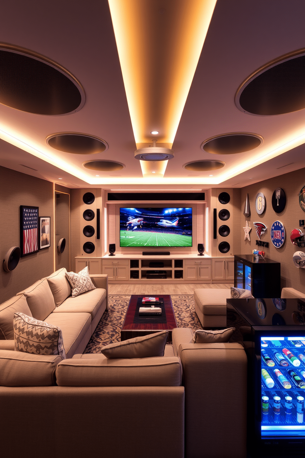 A state-of-the-art sound system is integrated into the walls, providing an immersive audio experience throughout the space. Soft, ambient lighting highlights the sleek design of the speakers, creating an inviting atmosphere for entertainment. The sports man cave features a large sectional sofa positioned around a custom-built entertainment center, which houses a massive flat-screen TV. Walls are adorned with memorabilia from favorite teams, and a mini-fridge stocked with refreshments is conveniently located nearby.