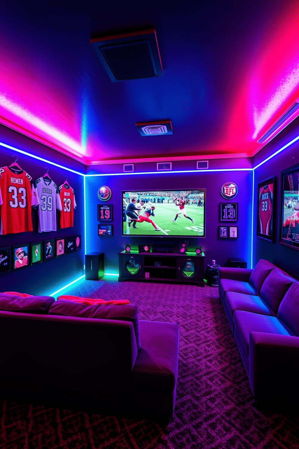 A dynamic sports man cave featuring LED lighting in vibrant team colors that illuminate the walls and ceiling, creating an energetic atmosphere. The space includes a plush sectional sofa facing a large flat-screen TV, adorned with memorabilia and framed jerseys of favorite athletes.