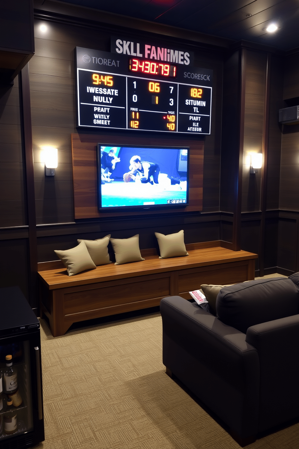 A personalized scoreboard is mounted on the wall, featuring a sleek digital display that updates in real-time with game scores. Below it, a custom-built wooden bench with plush cushions provides seating for friends and family during game nights. The man cave is designed with dark wood paneling and ambient lighting that creates a cozy atmosphere. A large sectional sofa faces a state-of-the-art projector screen, while a mini-fridge stocked with snacks and drinks is conveniently located nearby.