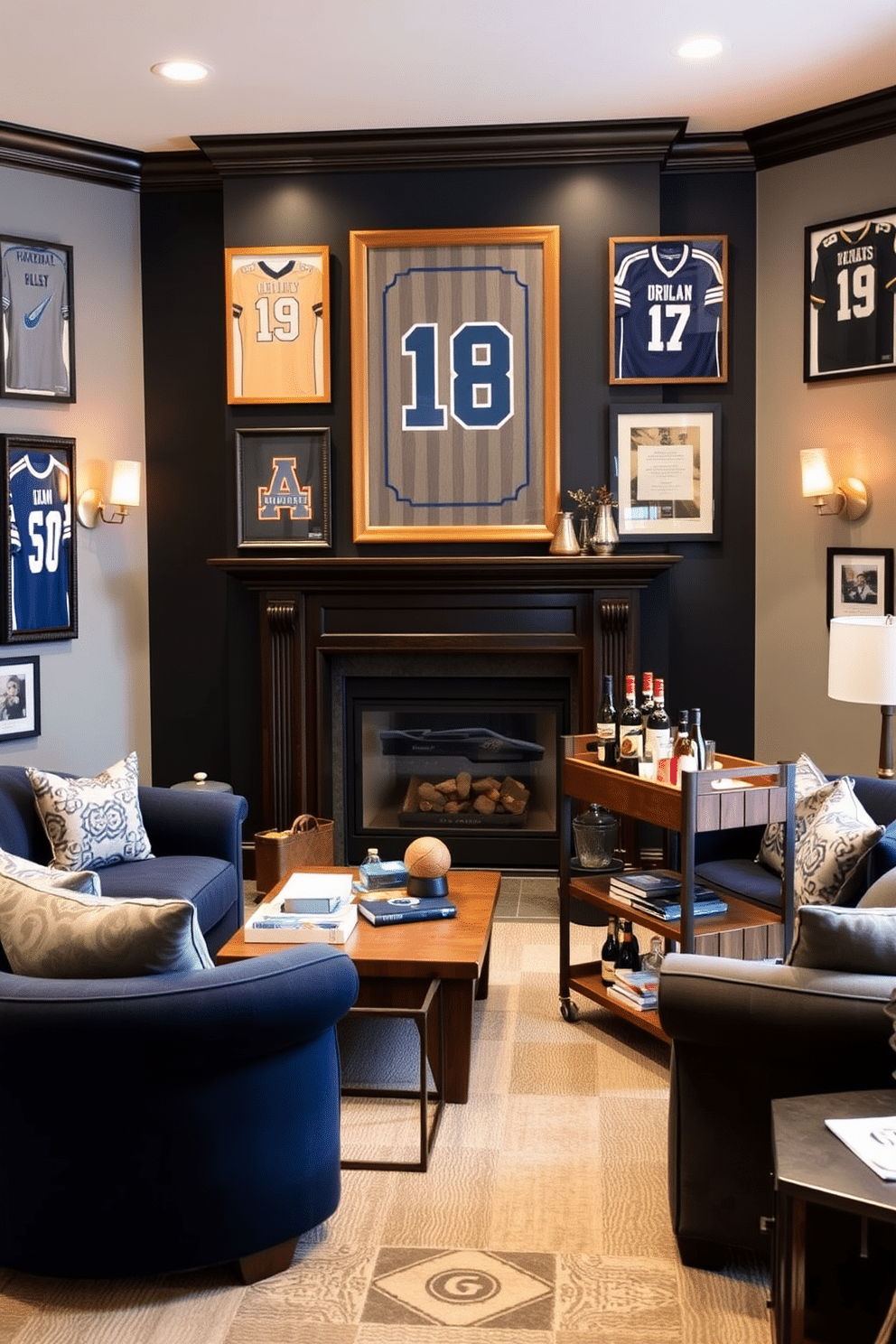 A cozy fireplace serves as the focal point of the room, surrounded by comfortable seating upholstered in deep navy and gray tones. The walls are adorned with framed jerseys and memorabilia, creating a vibrant atmosphere for sports enthusiasts. In one corner, a rustic wooden bar cart is stocked with drinks and snacks, perfect for game day gatherings. Soft lighting from stylish sconces casts a warm glow, enhancing the inviting ambiance of this sports man cave.