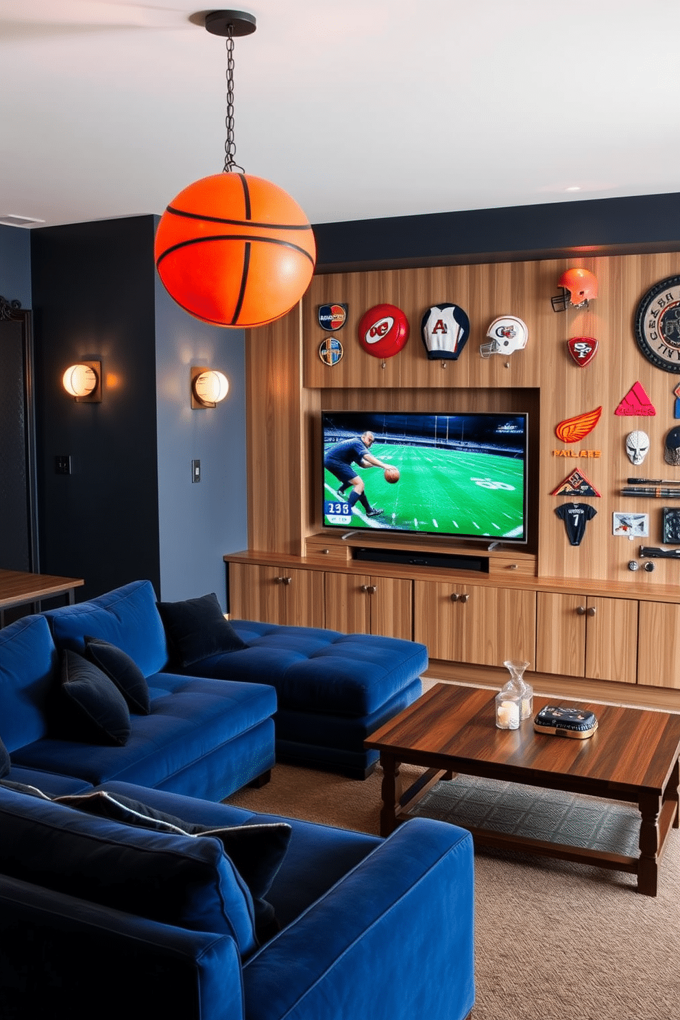 A stylish man cave featuring unique lighting fixtures shaped like sports gear, such as a pendant light resembling a basketball and wall sconces designed like football helmets. The space includes a plush sectional sofa in deep blue, a sleek wooden coffee table, and a large flat-screen TV mounted on a feature wall adorned with memorabilia from various sports.