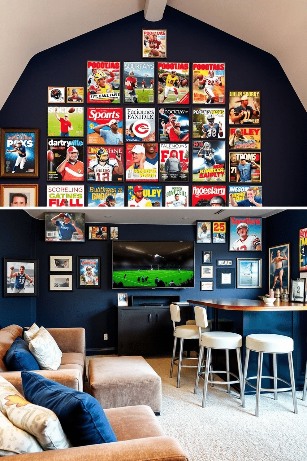 A dynamic sports magazine wall collage featuring a variety of vibrant magazine covers, showcasing iconic athletes and thrilling moments in sports history. The collage is arranged in an eye-catching layout, with frames in different sizes and colors, creating a lively and energetic atmosphere. A cozy sports man cave designed with plush seating, a large flat-screen TV mounted on the wall, and memorabilia displayed prominently. The walls are painted in a deep navy blue, and a custom bar area is equipped with high stools, perfect for entertaining friends during game nights.