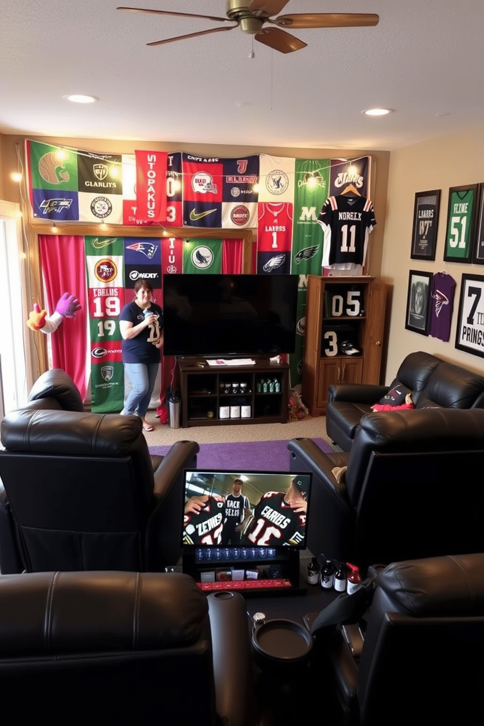 A DIY photo booth for game days featuring a vibrant backdrop adorned with team colors and logos. The setup includes a rustic wooden frame, string lights for ambiance, and props like foam fingers and oversized sunglasses for guests to enjoy. A sports man cave designed with comfortable leather recliners arranged around a large flat-screen TV. The walls are decorated with framed jerseys and memorabilia, while a mini bar stocked with snacks and beverages completes the ultimate game day experience.