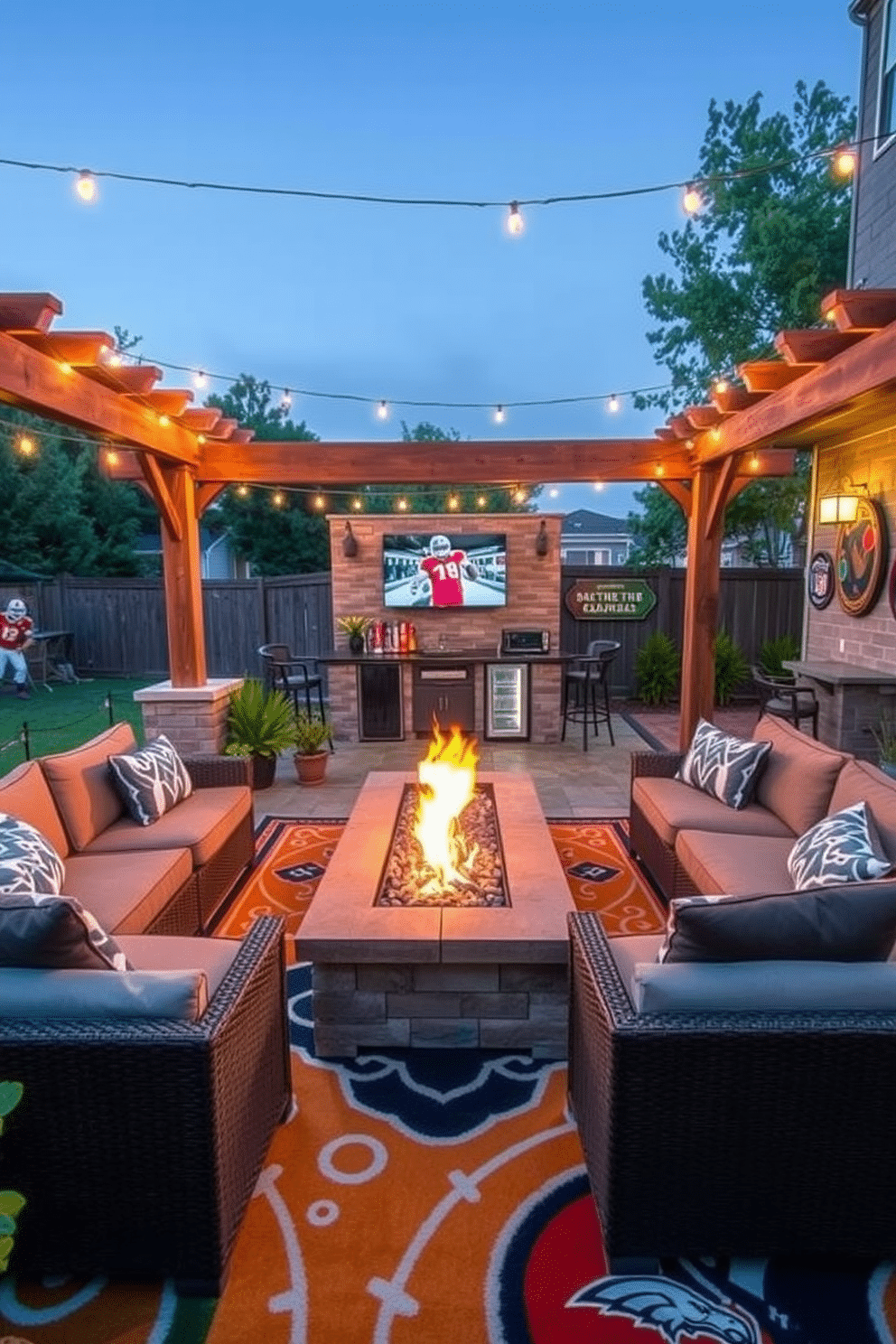 An outdoor patio designed as a sports lounge features comfortable sectional seating arranged around a large fire pit, perfect for gatherings. A sleek outdoor television is mounted on a wooden pergola, surrounded by potted plants and string lights for a cozy ambiance. The space includes a bar area with high stools, showcasing a mini fridge stocked with refreshments. Vibrant team memorabilia adorns the walls, while a rug with a sporty design anchors the seating area, creating a perfect man cave retreat.