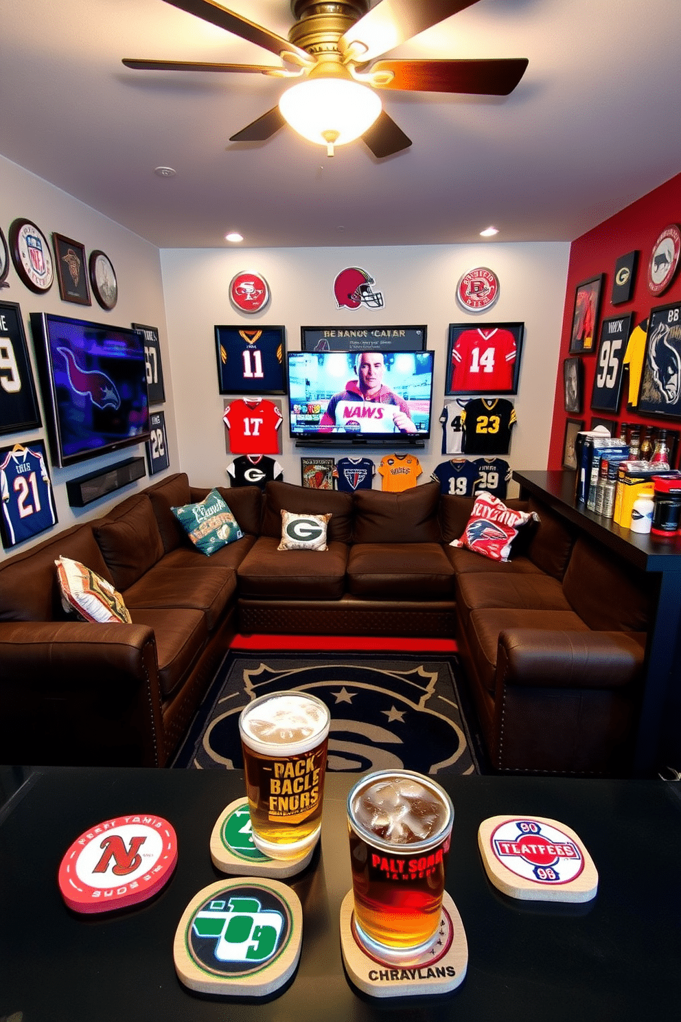 A vibrant sports-themed man cave featuring custom coasters and drinkware that showcase various team logos and colors. The space includes a large sectional sofa facing a wall-mounted TV, surrounded by framed jerseys and memorabilia that reflect a passion for sports. In one corner, a stylish bar area is equipped with drinkware displaying the logos of favorite teams, complemented by a selection of craft beers and snacks. The walls are painted in team colors, and a rug with a sports motif anchors the seating area, creating an inviting atmosphere for game day gatherings.