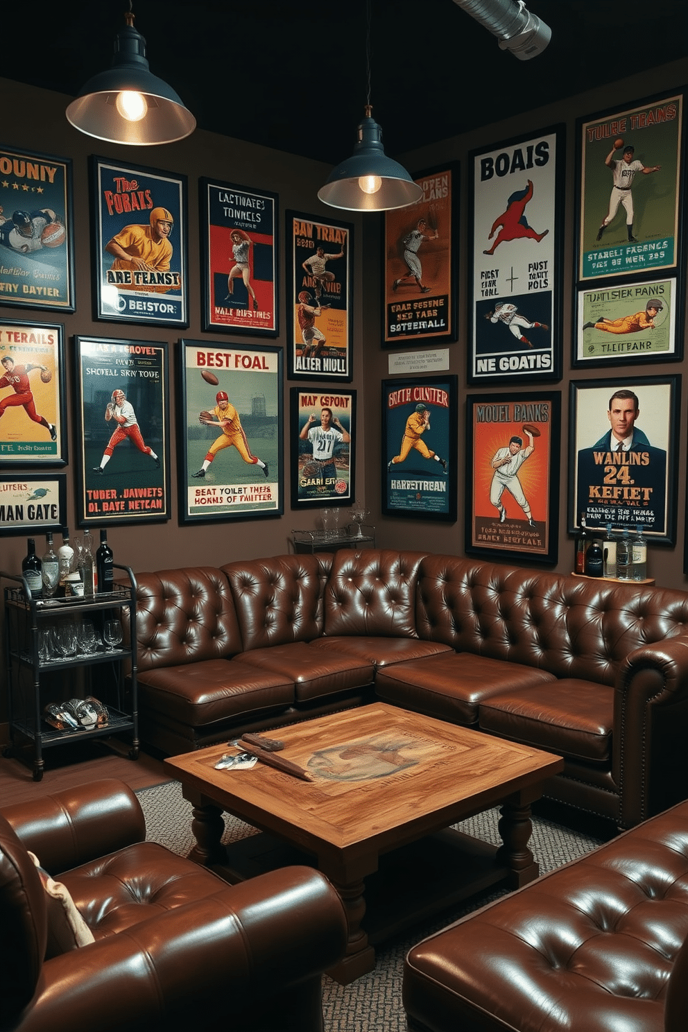 A stylish man cave adorned with vintage sports posters framed and hung on the walls, creating a nostalgic atmosphere. The space features a plush leather sectional couch in a deep brown hue, paired with a rustic wooden coffee table at the center. In one corner, a vintage bar cart displays an array of glassware and spirits, inviting relaxation and entertainment. Soft, ambient lighting from industrial-style pendant lamps enhances the warm, inviting feel of the room.