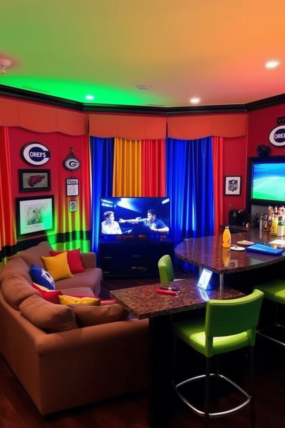 A vibrant sports man cave featuring team color curtains that enhance the atmosphere. The walls are adorned with memorabilia, and a plush sectional sofa invites relaxation while watching the game. In one corner, a custom bar area showcases a variety of beverages and snacks, complete with high-top stools in matching team colors. Ambient lighting highlights the space, creating an inviting environment for friends and family to gather.