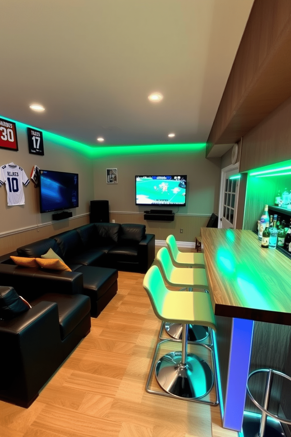 A stylish sports man cave designed for big game nights. The space features a large sectional sofa in dark leather, positioned in front of a wall-mounted flat-screen TV, with ambient LED lighting enhancing the atmosphere. On one side, a sleek bar area showcases a polished wood countertop with high-top stools, stocked with various beverages and snacks. The walls are adorned with framed jerseys and memorabilia, creating a vibrant and inviting environment for friends to gather and enjoy the games.