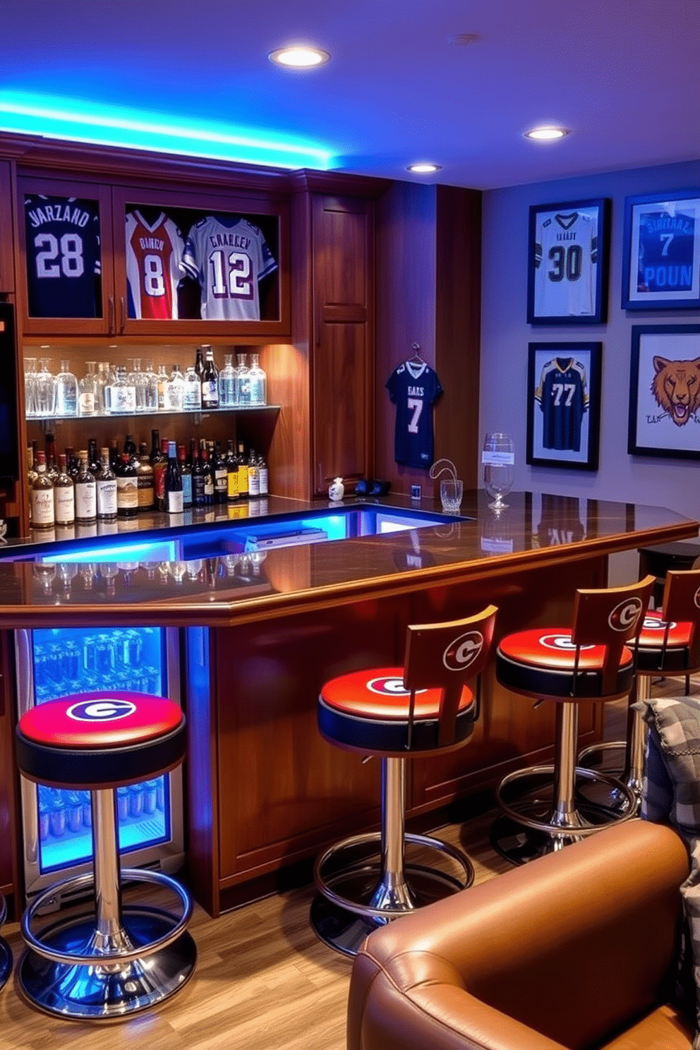 A custom bar designed for a sports man cave features sleek wooden cabinetry with a polished countertop, showcasing a built-in refrigerator and glass shelves for displaying liquor and glassware. Stools adorned with the team logo line the bar, providing a vibrant touch that enhances the overall sports theme of the space. The walls are decorated with framed jerseys and memorabilia, creating an immersive atmosphere for fans. Ambient lighting highlights the bar area, while comfortable seating arrangements invite friends to gather and enjoy the game together.