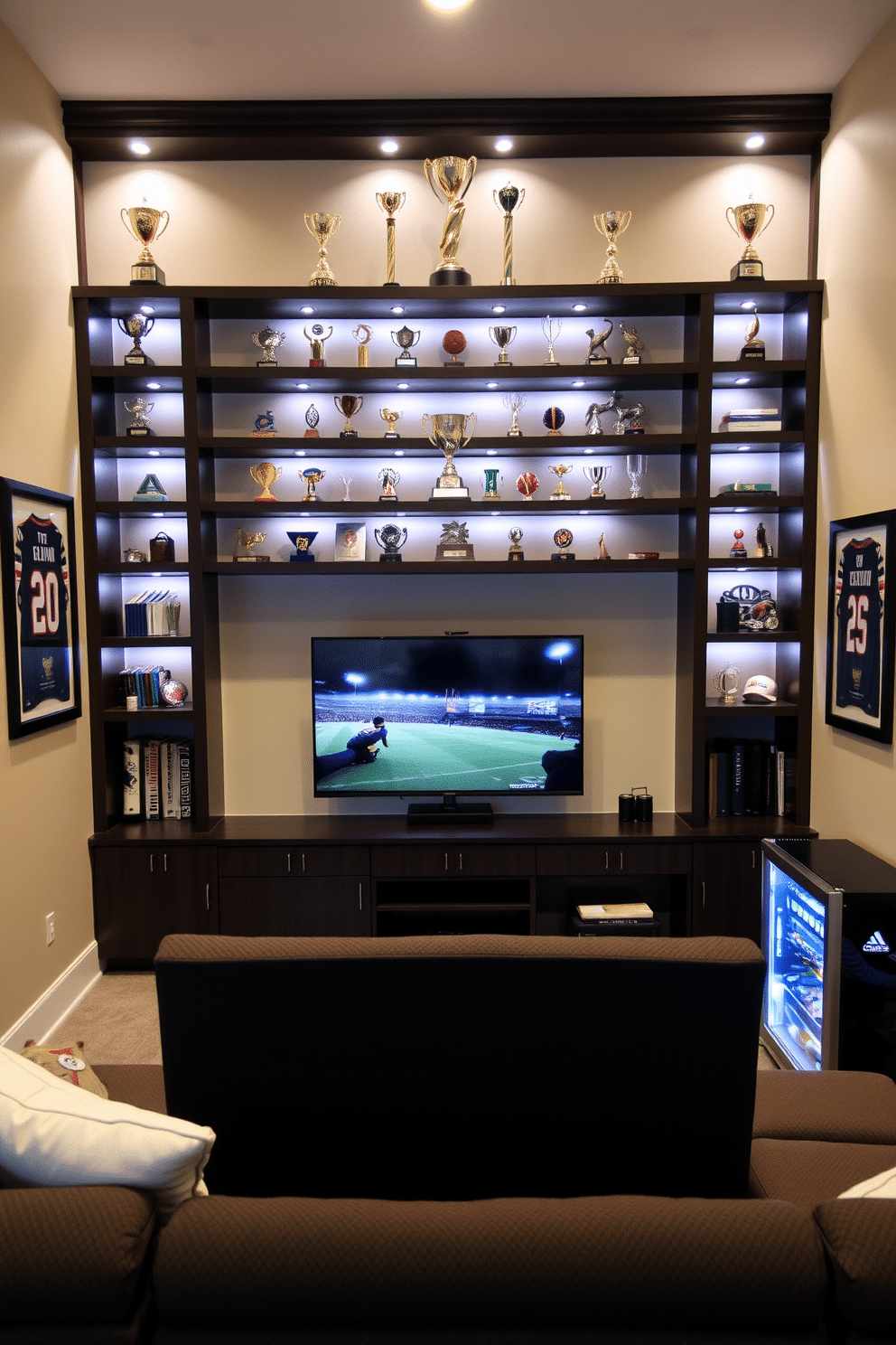 Custom-built shelving for trophies is designed to showcase athletic achievements while adding a personal touch to the space. The shelves are crafted from dark wood, featuring sleek lines and integrated LED lighting to highlight each trophy. The sports man cave incorporates a comfortable sectional sofa facing a large flat-screen TV, perfect for game nights. Walls are adorned with framed jerseys and memorabilia, while a mini-fridge stocked with beverages sits conveniently nearby.