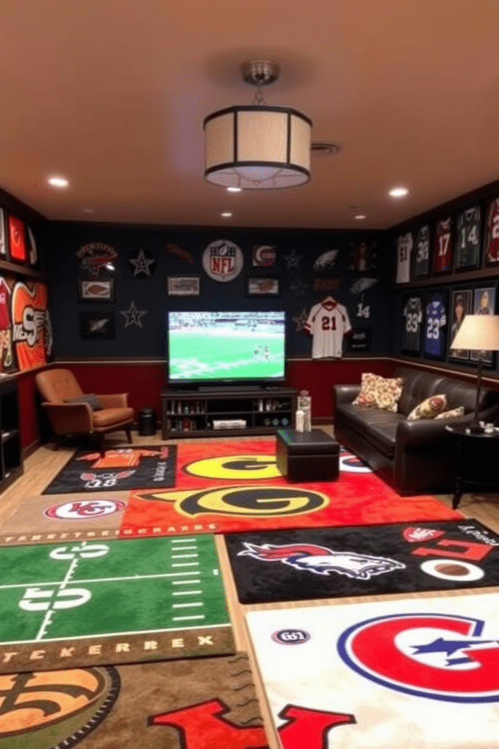 A vibrant sports man cave featuring themed area rugs showcasing favorite teams. The walls are adorned with memorabilia and framed jerseys, while comfortable seating is arranged around a large flat-screen TV for the ultimate game day experience.