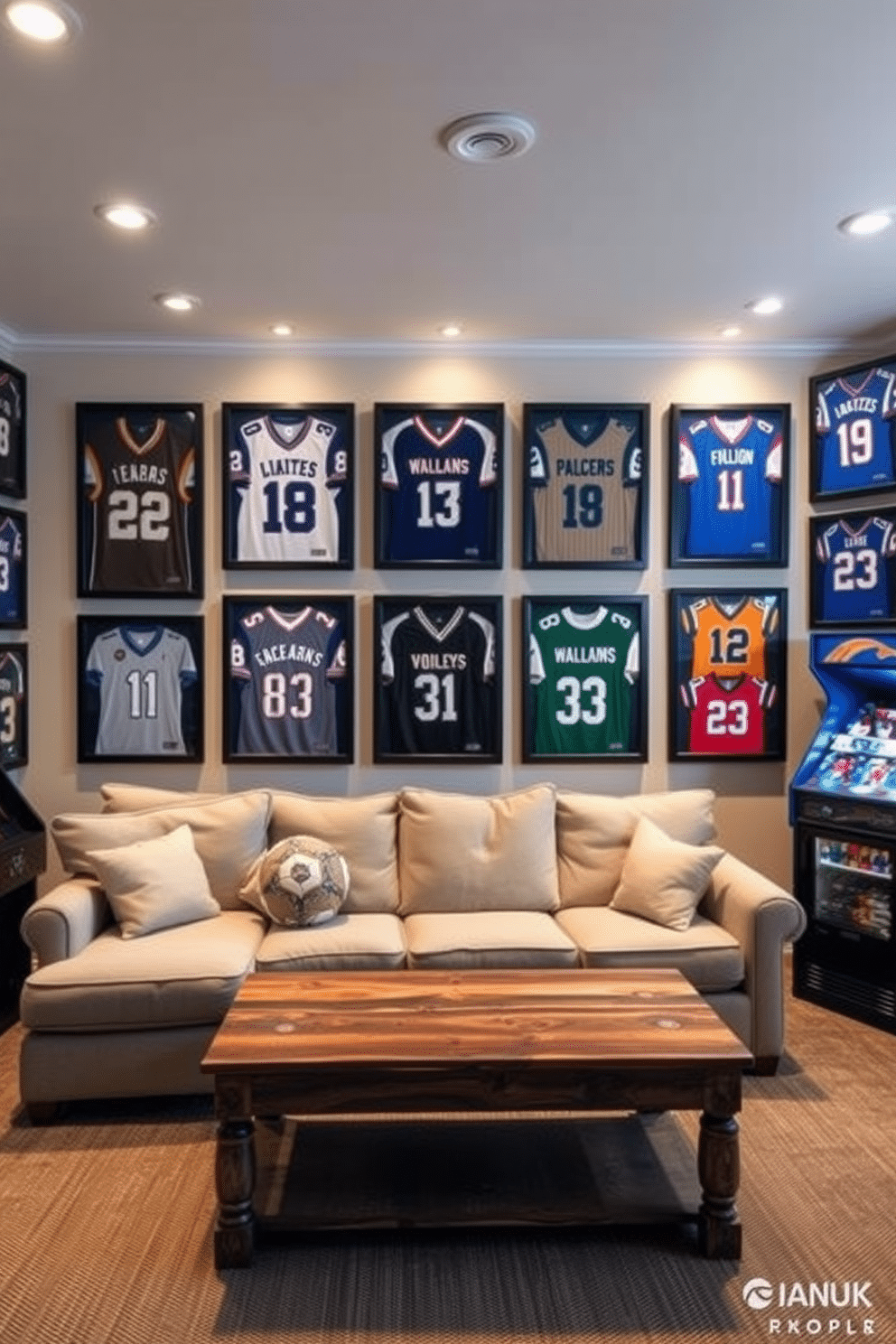 A dynamic sports man cave featuring framed jerseys as wall art. The walls are adorned with a variety of jerseys from different teams, each elegantly framed and lit with spotlights to highlight their significance. In the center of the room, a plush sectional sofa invites relaxation, surrounded by a coffee table made from reclaimed wood. A vintage arcade game stands in one corner, adding a playful touch to the space, while a mini fridge stocked with beverages completes the ultimate man cave experience.