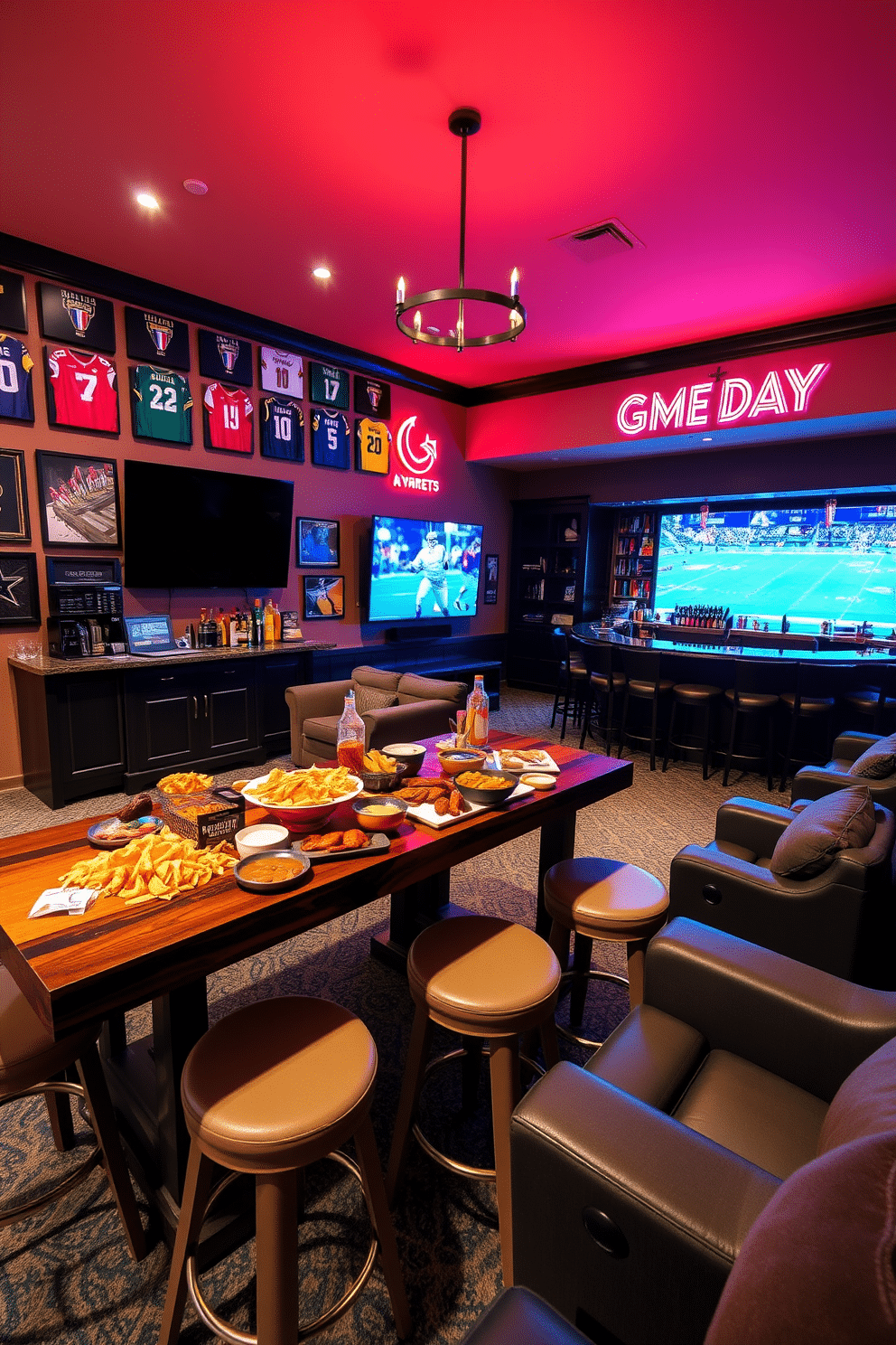 A vibrant game day snack station is set up in a spacious living room. There’s a large wooden table adorned with an array of colorful snacks, including nachos, wings, and dips, surrounded by comfortable bar stools. The walls are decorated with framed jerseys and sports memorabilia, creating an immersive atmosphere. A big-screen TV is mounted on one wall, with cozy seating arranged in a semicircle for optimal viewing during the game. The sports man cave features a dark wood bar with high stools, stocked with drinks and glassware. Neon signs and LED lighting enhance the energetic vibe, while plush recliners provide comfort for watching games.