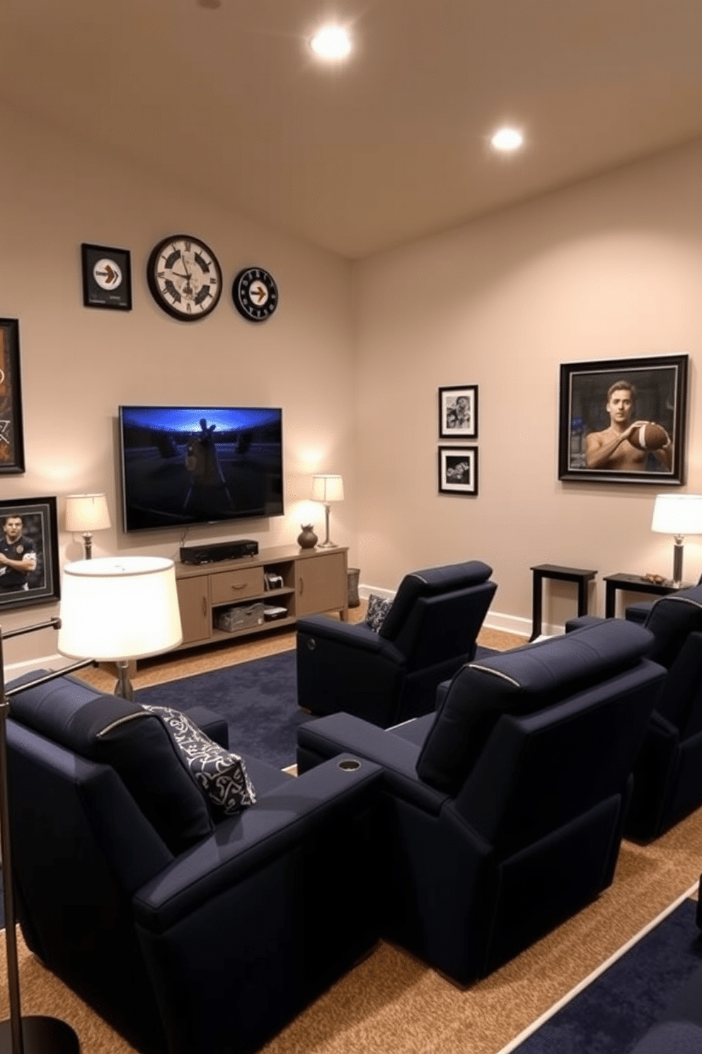 A cozy game-watching area featuring plush recliners in a rich navy blue fabric. The walls are adorned with framed sports memorabilia, and a large flat-screen TV is mounted above a sleek media console. The floor is covered with a soft area rug that adds warmth to the space. Ambient lighting from stylish floor lamps creates an inviting atmosphere for friends and family to gather and enjoy the game.