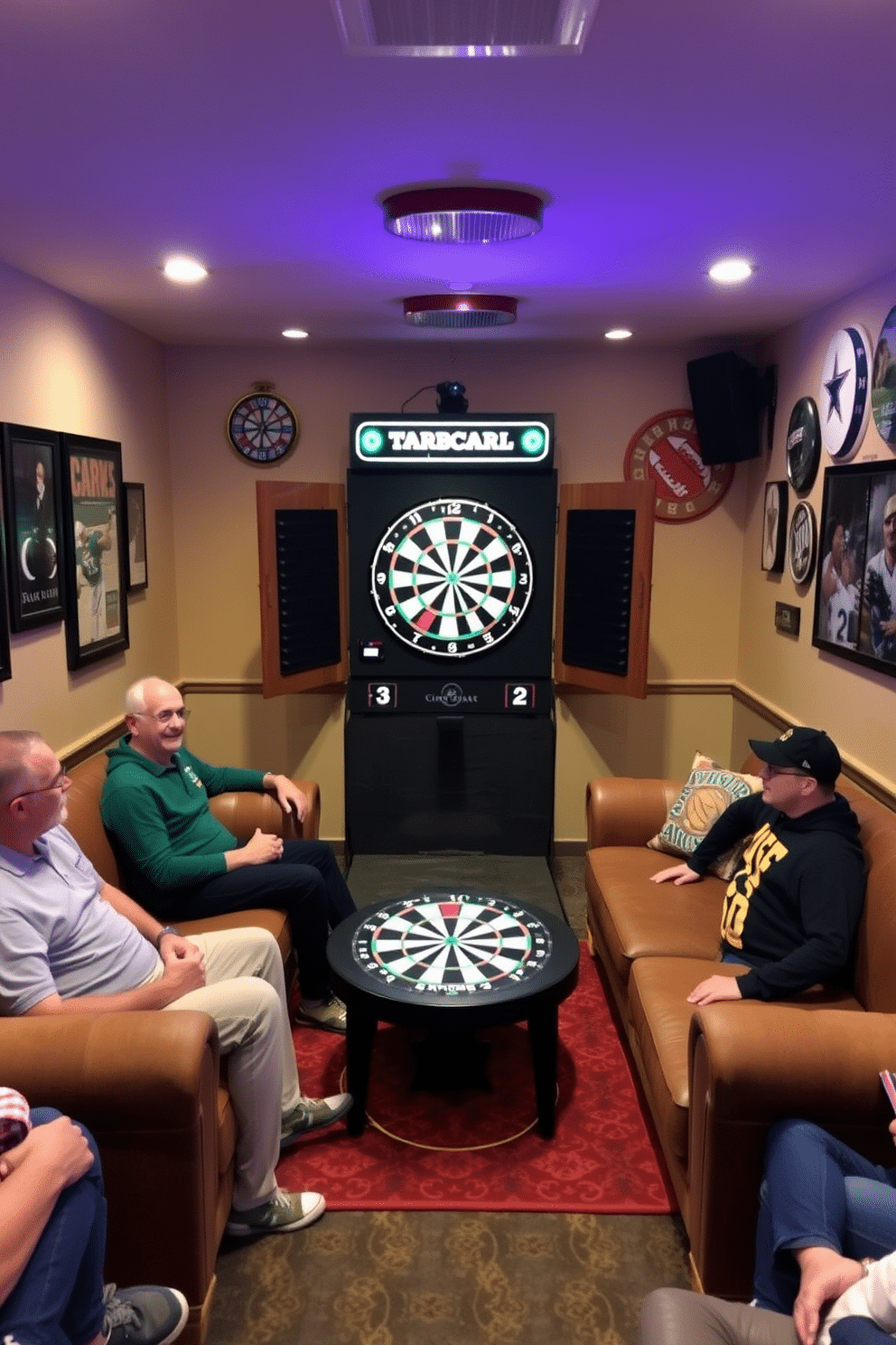 A dynamic sports man cave featuring an interactive dartboard, surrounded by comfortable seating for friends and family. The walls are adorned with sports memorabilia, and the lighting is adjustable to create a lively atmosphere for friendly competition.