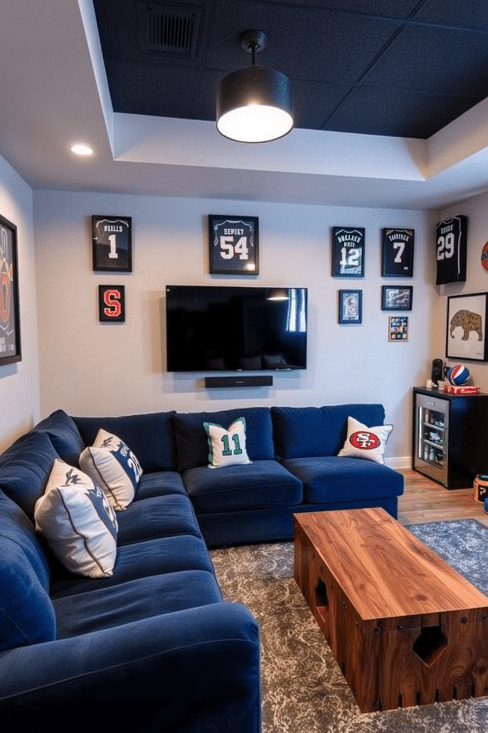 A stylish sports man cave featuring a wall-mounted TV positioned for optimal viewing. The space includes a plush sectional sofa in deep blue, accented with team-themed throw pillows and a sleek coffee table made of reclaimed wood. The walls are adorned with framed jerseys and sports memorabilia, creating an immersive atmosphere. Ambient lighting fixtures provide a warm glow, while a mini-bar stocked with snacks and drinks completes the ultimate game-day experience.