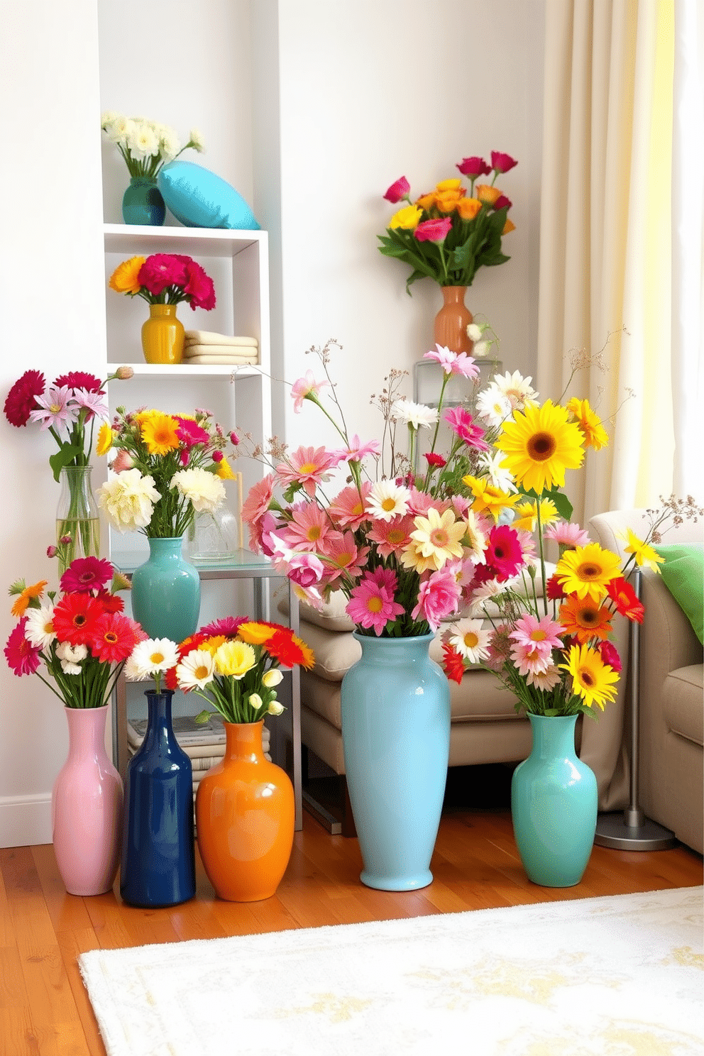 Fresh flowers in vibrant vases create a lively atmosphere in a spring-themed apartment. The colorful blooms are arranged in various sizes of ceramic and glass vases, strategically placed on shelves and tables throughout the space. Brightly colored throw pillows and light, airy curtains complement the floral arrangements. A pastel-colored area rug adds warmth to the hardwood floor, enhancing the cheerful ambiance of the apartment.