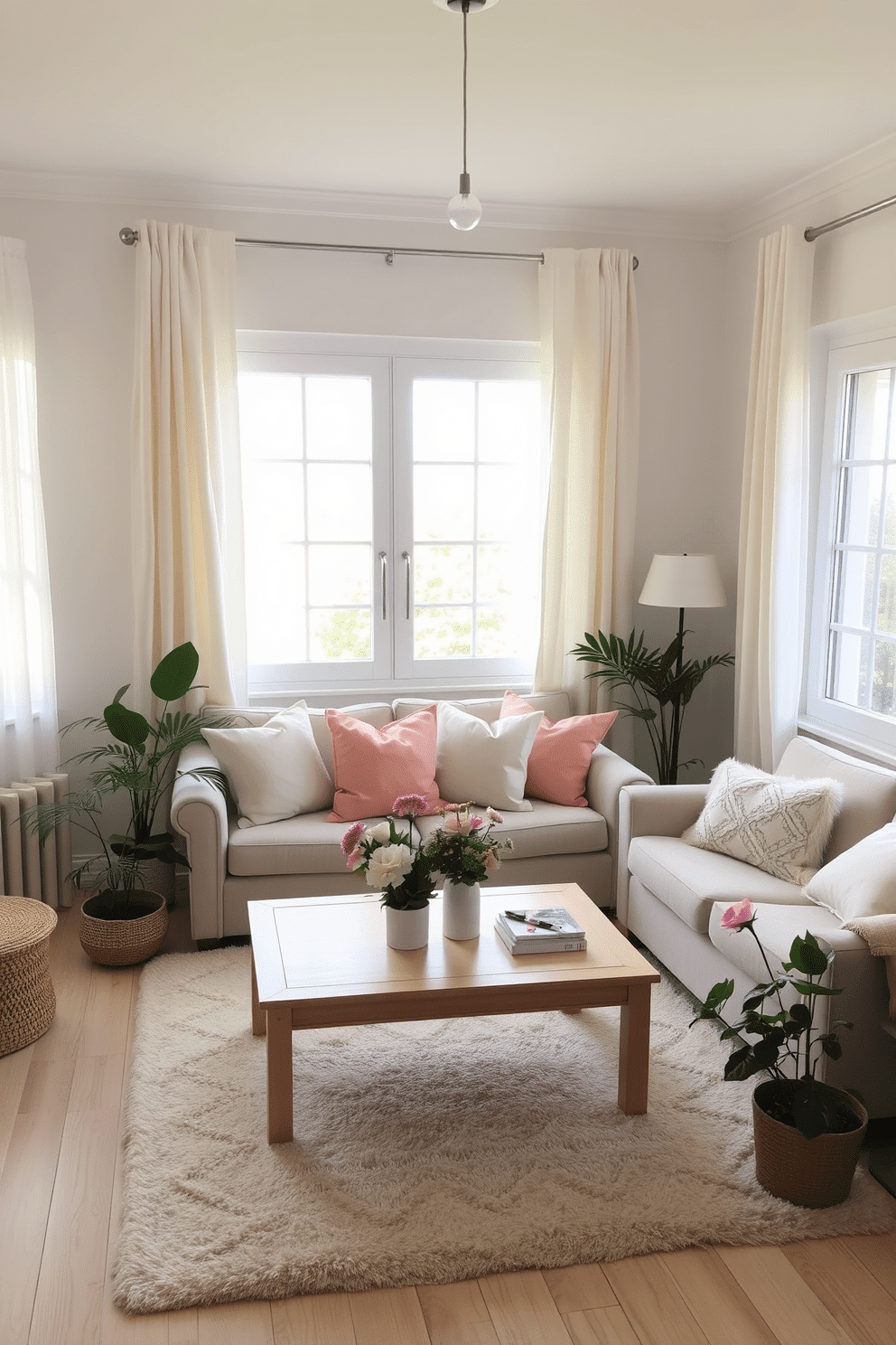 A bright and airy living room filled with natural light. Soft linen curtains frame the large windows, gently billowing in the breeze. The room features a cozy sofa adorned with pastel-colored throw pillows. A light wooden coffee table sits on a soft area rug, surrounded by potted plants and fresh flowers.