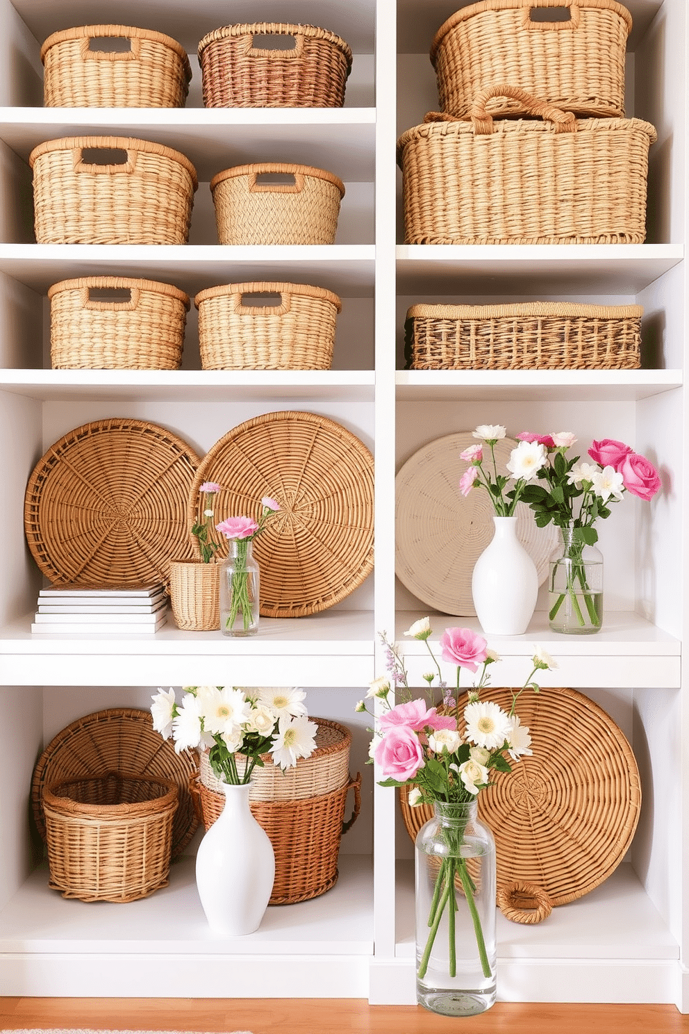 Decorative baskets are artfully arranged on open shelves, offering a stylish solution for organized storage. Each basket is woven from natural fibers, adding texture and warmth to the space. In a bright and airy spring apartment, fresh flowers are placed in vases to enhance the seasonal decor. Soft pastel colors are used throughout, creating a cheerful and inviting atmosphere.