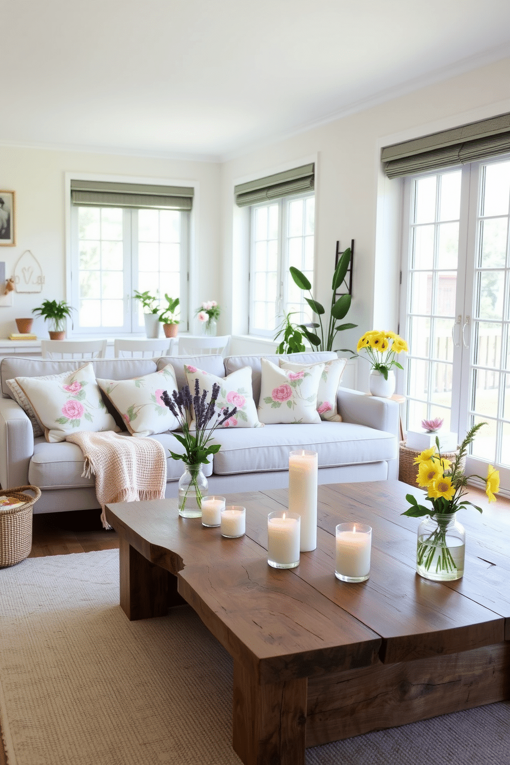 A bright and airy apartment filled with the fresh scents of spring. Soft pastel-colored decor accents the space, with floral-patterned cushions on a light gray sofa and a delicate area rug underfoot. Candles with seasonal scents like lavender and citrus are strategically placed on a coffee table made of reclaimed wood. Potted plants and fresh flowers add a vibrant touch, while large windows allow natural light to flood the room.