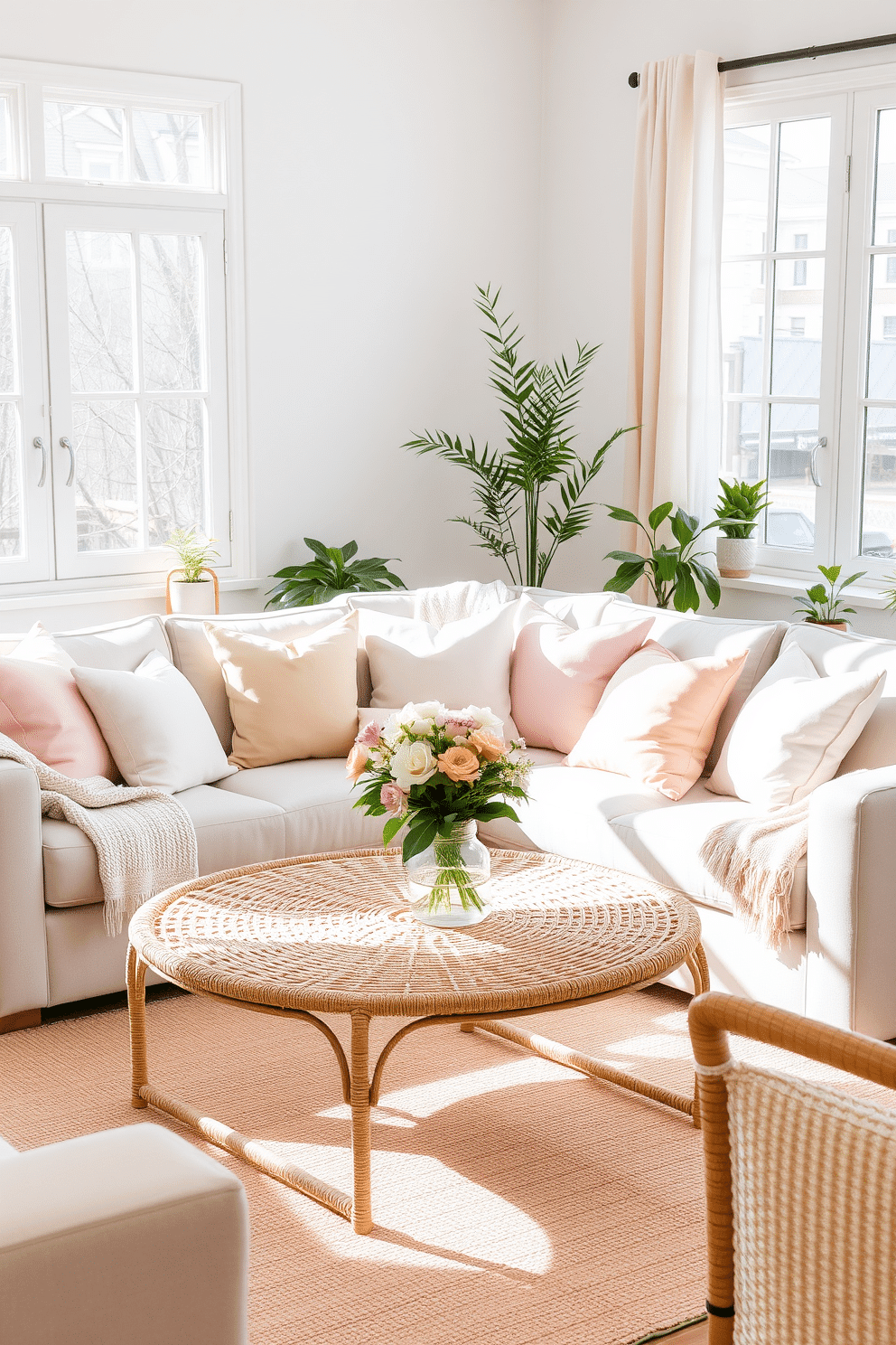 A bright and airy living room filled with natural light. Soft pastel-colored cushions adorn a light gray sofa, and a woven coffee table sits at the center, topped with fresh flowers. Lighter blankets drape over the back of the sofa, creating a cozy yet refreshing atmosphere. A few potted plants in the corners add a touch of greenery, enhancing the spring vibe.