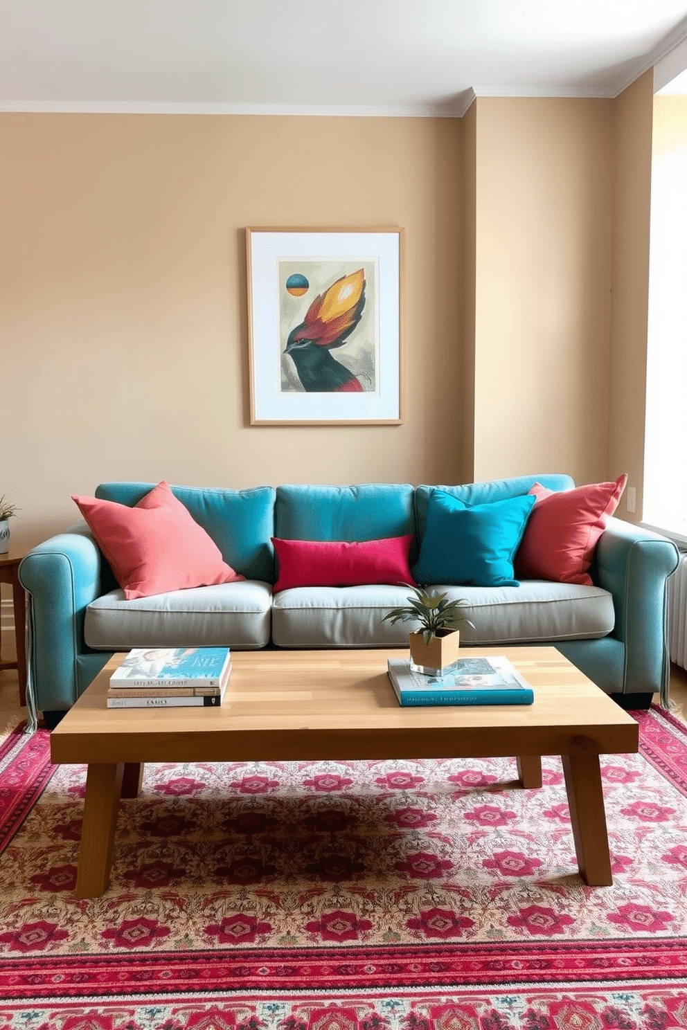 A cozy living room setting featuring a plush sofa adorned with vibrant cushions in shades of teal and coral. A light wooden coffee table sits in front, topped with a stack of art books and a small potted plant, while a large window allows natural light to flood the space. The walls are painted in a soft beige tone, creating a warm backdrop for the colorful accents. A patterned area rug anchors the seating area, enhancing the inviting atmosphere of the spring-inspired apartment decor.