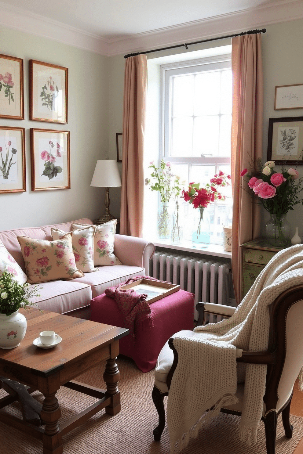 A charming spring apartment filled with vintage decor. The living room features a pastel-colored sofa adorned with floral-patterned throw pillows and a rustic wooden coffee table. On the walls, framed botanical prints add a touch of nature, while a collection of antique vases filled with fresh flowers sits on the windowsill. A cozy reading nook in the corner showcases a vintage armchair draped with a soft knitted blanket.