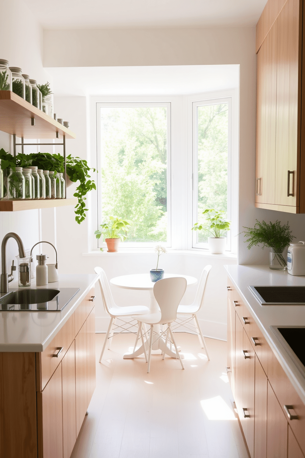 A bright and airy kitchen filled with natural light. Glass jars filled with fresh herbs are displayed on open shelves, adding a touch of greenery to the space. The countertops are a sleek white, complementing the light wood cabinetry. A small dining table with pastel-colored chairs sits beside a window, creating a cozy breakfast nook.