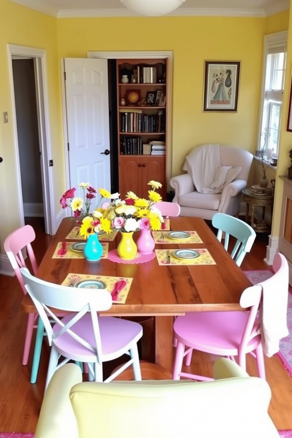 A bright and airy dining room features a large wooden table surrounded by mismatched chairs in pastel colors. The table is adorned with cheerful centerpieces of fresh flowers in vibrant vases, complemented by colorful placemats and playful dinnerware. In the corner, a cozy reading nook showcases a plush armchair with a soft throw blanket draped over it. The walls are painted in a light, sunny yellow, and playful artwork adds a touch of whimsy to the space.