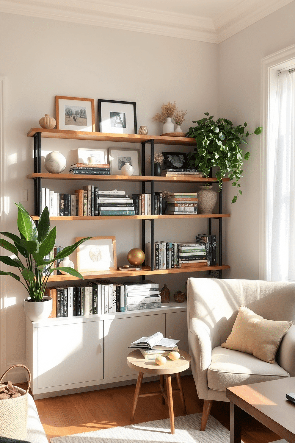 A cozy apartment living room filled with natural light. On the shelves, a curated selection of seasonal books is artfully arranged alongside decorative objects and vibrant green plants. The walls are painted in a soft pastel hue, creating a fresh and inviting atmosphere. A comfortable reading nook with a plush armchair and a small side table enhances the spring decor theme.