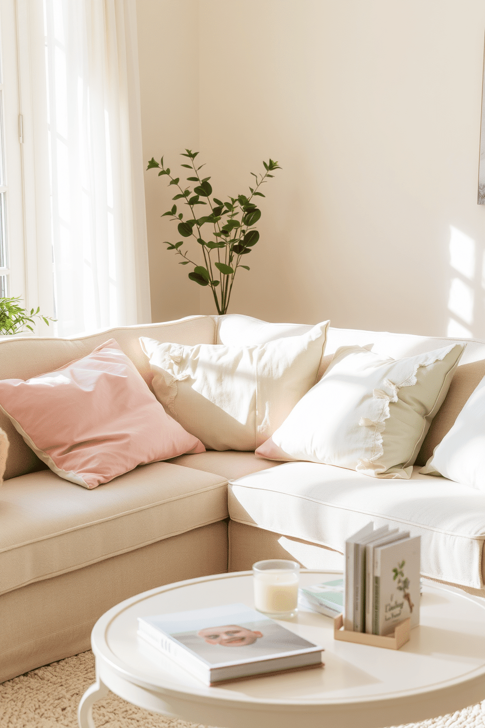 Lightweight pastel throw pillows are scattered across a cozy sofa in a sunlit living room. The soft colors of the pillows complement the light beige walls, creating a serene and inviting atmosphere. In the corner, a small potted plant adds a touch of greenery, enhancing the spring theme. A delicate coffee table sits in front of the sofa, adorned with a few art books and a scented candle for an added layer of charm.