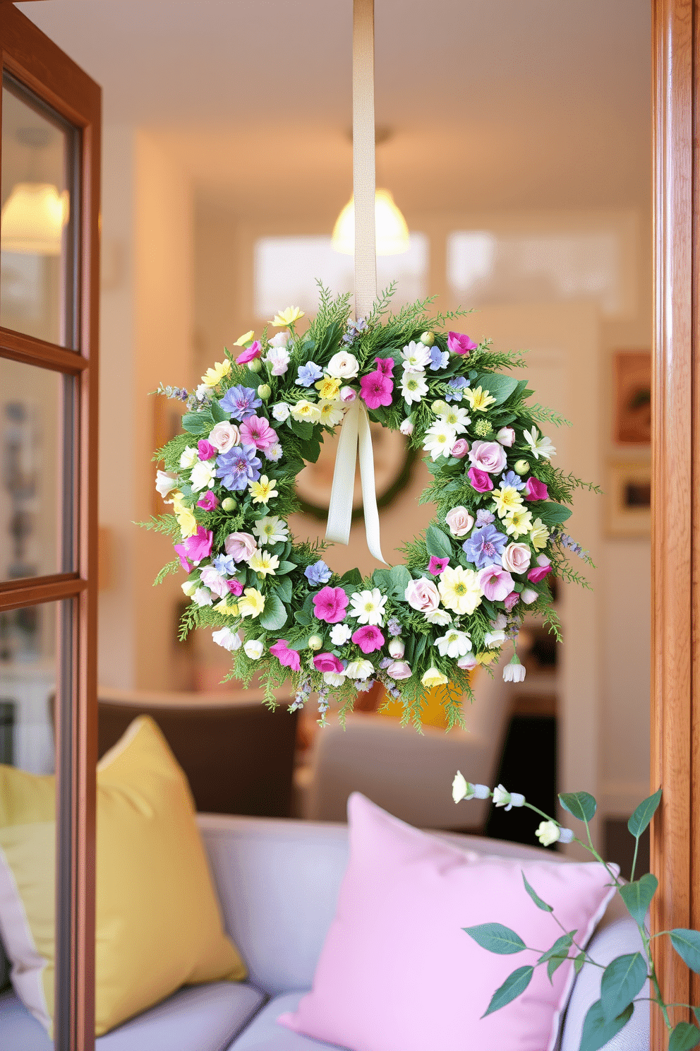 A vibrant spring wreath is hung on the front door of a stylish apartment. The wreath is adorned with an array of colorful flowers and greenery, welcoming guests with a fresh seasonal touch. Inside the apartment, soft pastel accents are incorporated throughout the decor. Cushions in shades of pink and yellow are placed on a cozy sofa, complementing the cheerful atmosphere.