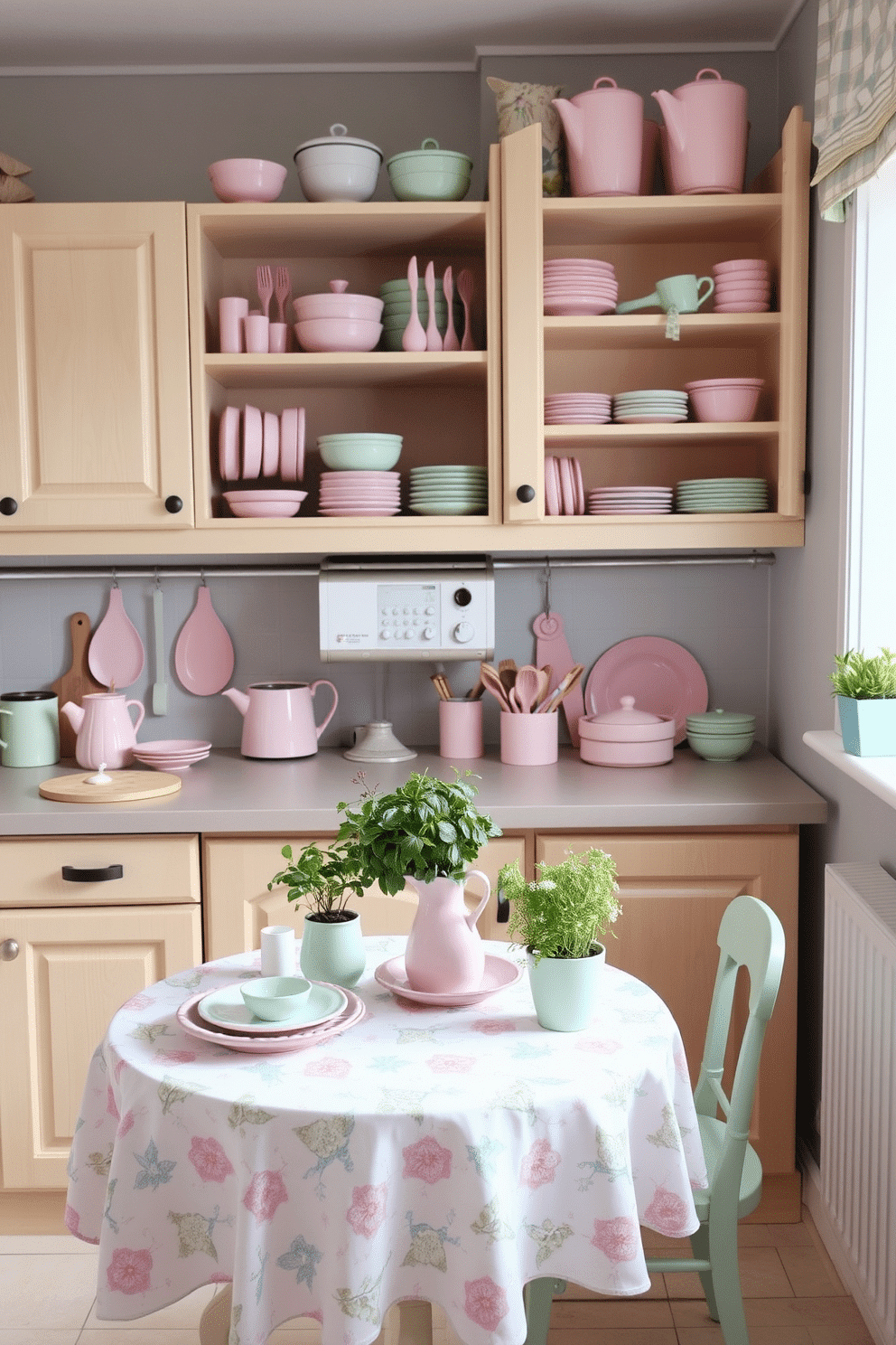 A bright and airy kitchen filled with pastel-colored accessories. Soft pink and mint green utensils are neatly arranged on open shelves, complementing the light wood cabinetry. A delicate floral tablecloth covers a small dining table, adorned with pastel dishware and a matching vase. Fresh herbs in pastel pots sit on the windowsill, adding a touch of greenery to the cheerful space.