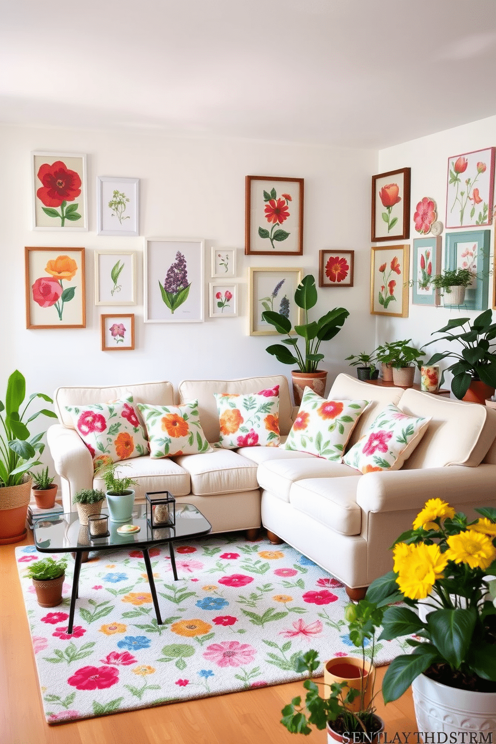 A bright and airy living room filled with whimsical garden-themed decor. Colorful floral cushions adorn a light pastel sofa, while a playful patterned rug mimics the look of a blooming garden. On the walls, vibrant botanical prints hang in mismatched frames, creating an eclectic gallery. Potted plants of various sizes are scattered throughout the space, bringing the freshness of spring indoors.