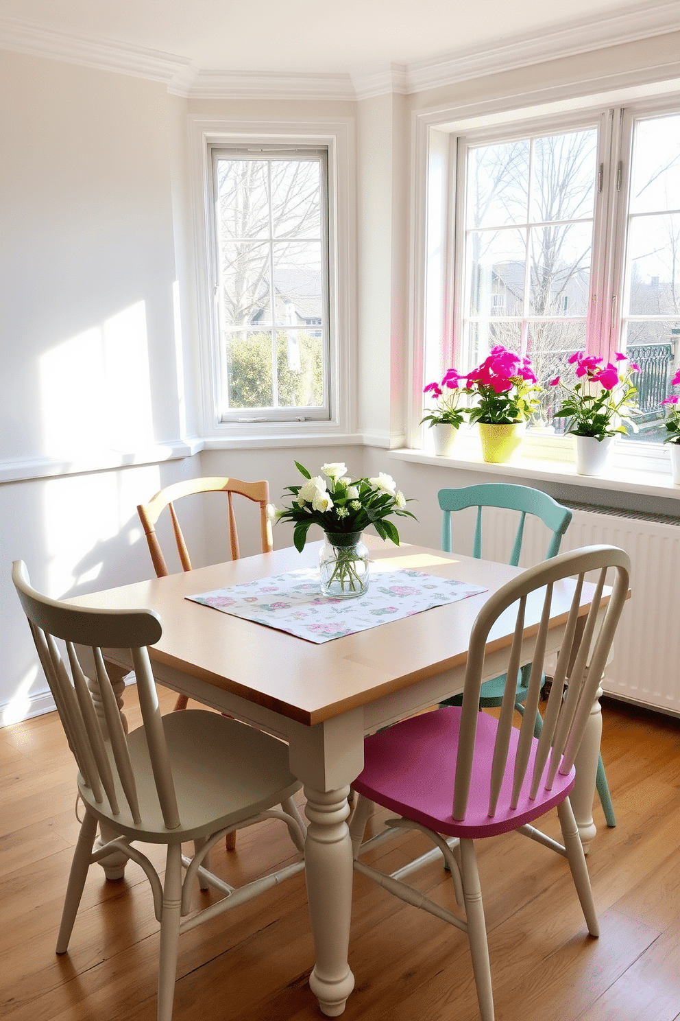 A bright and airy dining space features a light wood table surrounded by mismatched chairs in pastel colors. The centerpiece is a playful table runner adorned with floral patterns, adding a touch of whimsy to the setting. Sunlight streams through large windows, illuminating the room with a warm glow. Potted plants in vibrant hues are placed on the window sill, enhancing the fresh spring atmosphere.