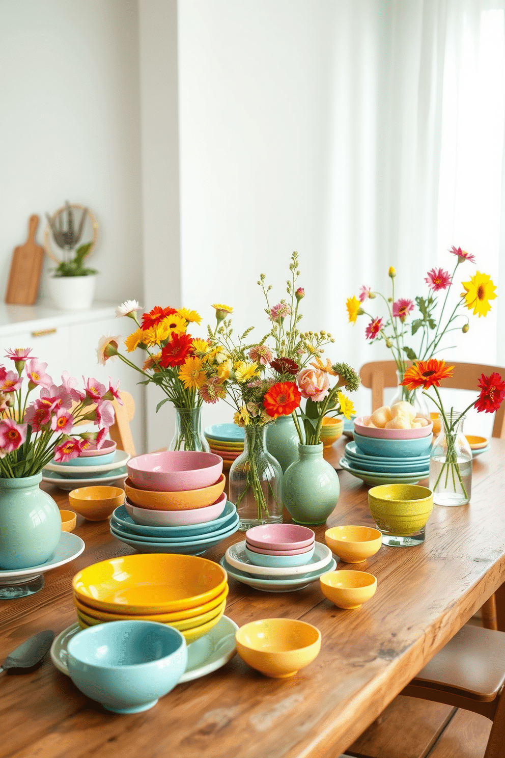 Bright ceramic dishes in vibrant colors are arranged on a rustic wooden dining table, creating a cheerful and inviting atmosphere. Surrounding the table, fresh flowers in a variety of hues are placed in clear glass vases, enhancing the springtime feel of the apartment. The walls are adorned with light pastel shades, complementing the lively decor. Soft, natural light streams through sheer white curtains, illuminating the space and highlighting the playful patterns of the ceramic dishes.