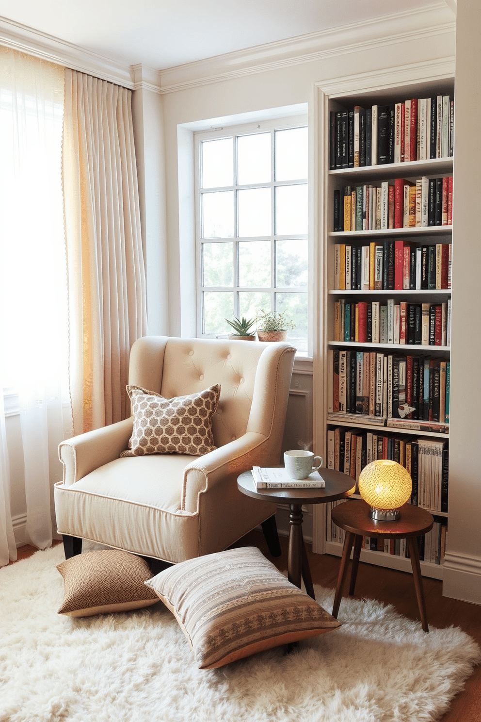 A cozy reading nook features a plush armchair upholstered in soft, pastel fabric positioned beside a tall bookshelf filled with an array of colorful books. A small side table holds a steaming cup of tea and a decorative lamp with a warm glow, creating an inviting atmosphere for relaxation. The nook is adorned with a fluffy area rug that adds warmth underfoot and a mix of patterned throw pillows scattered on the chair for comfort. A large window allows natural light to stream in, while sheer curtains gently diffuse the sunlight, enhancing the serene ambiance.