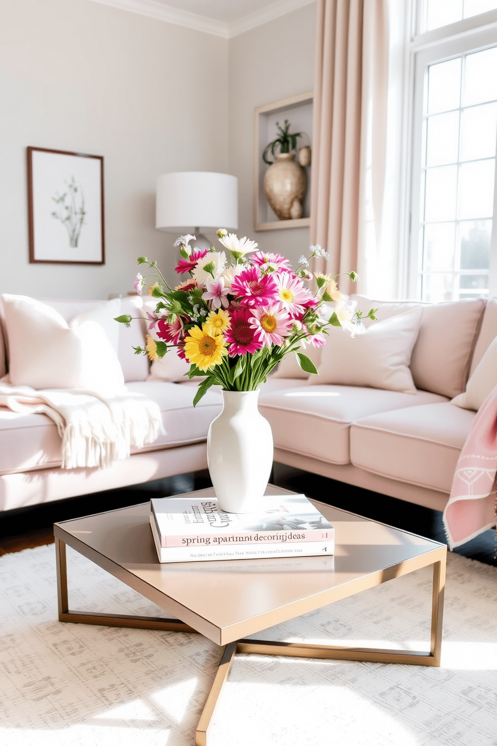 A stylish living room setup featuring a modern coffee table adorned with the book Spring Apartment Decorating Ideas. The table is surrounded by a plush sectional sofa in soft pastels, with a vibrant floral arrangement in a ceramic vase placed prominently on top. To the side, a cozy armchair complements the seating area, while a pastel throw blanket drapes over its arm. The walls are painted in a light neutral tone, and a large window allows natural light to flood the space, highlighting the cheerful decor.